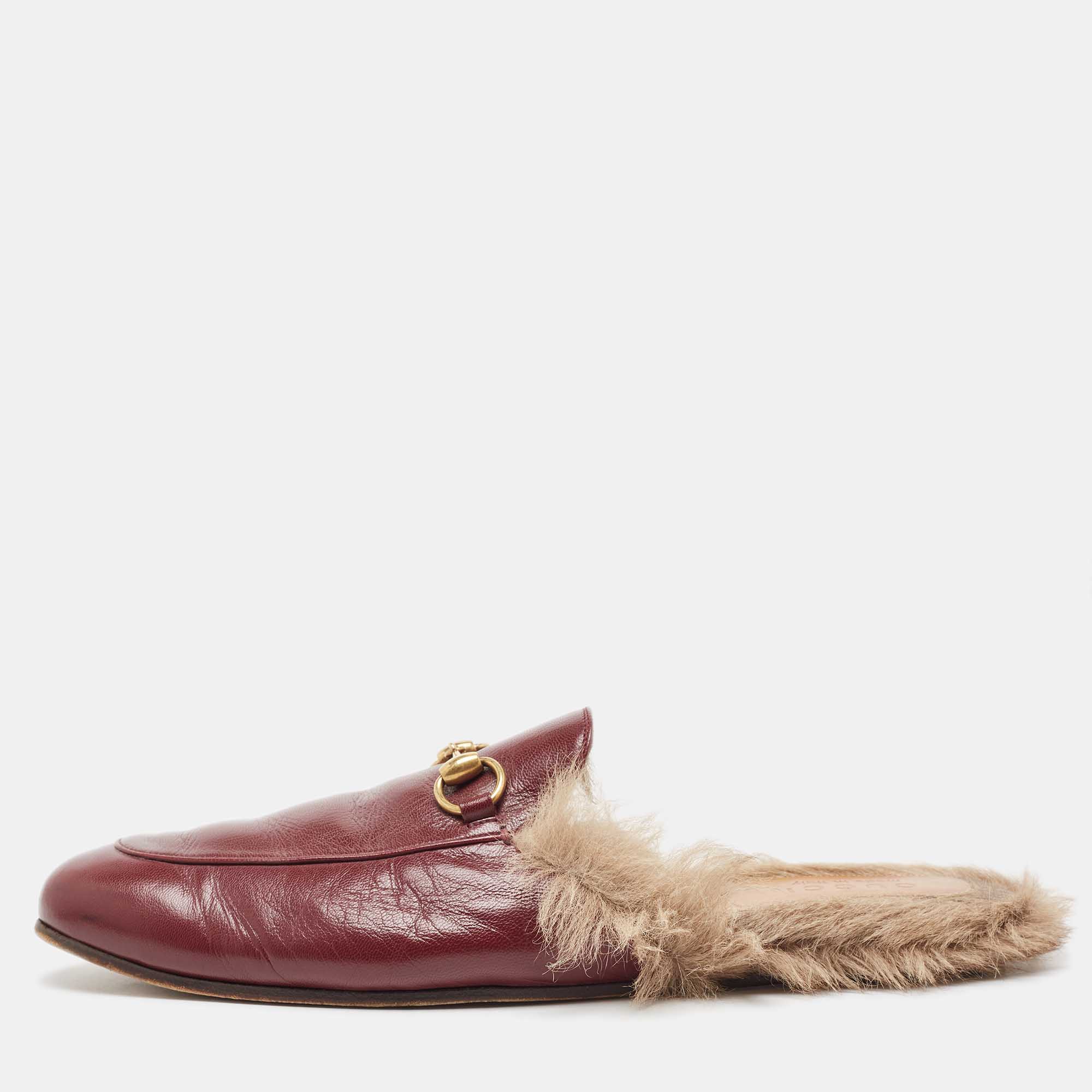 Pre-owned Gucci Princetown Burgundy Leather And Fur Mules Size 45