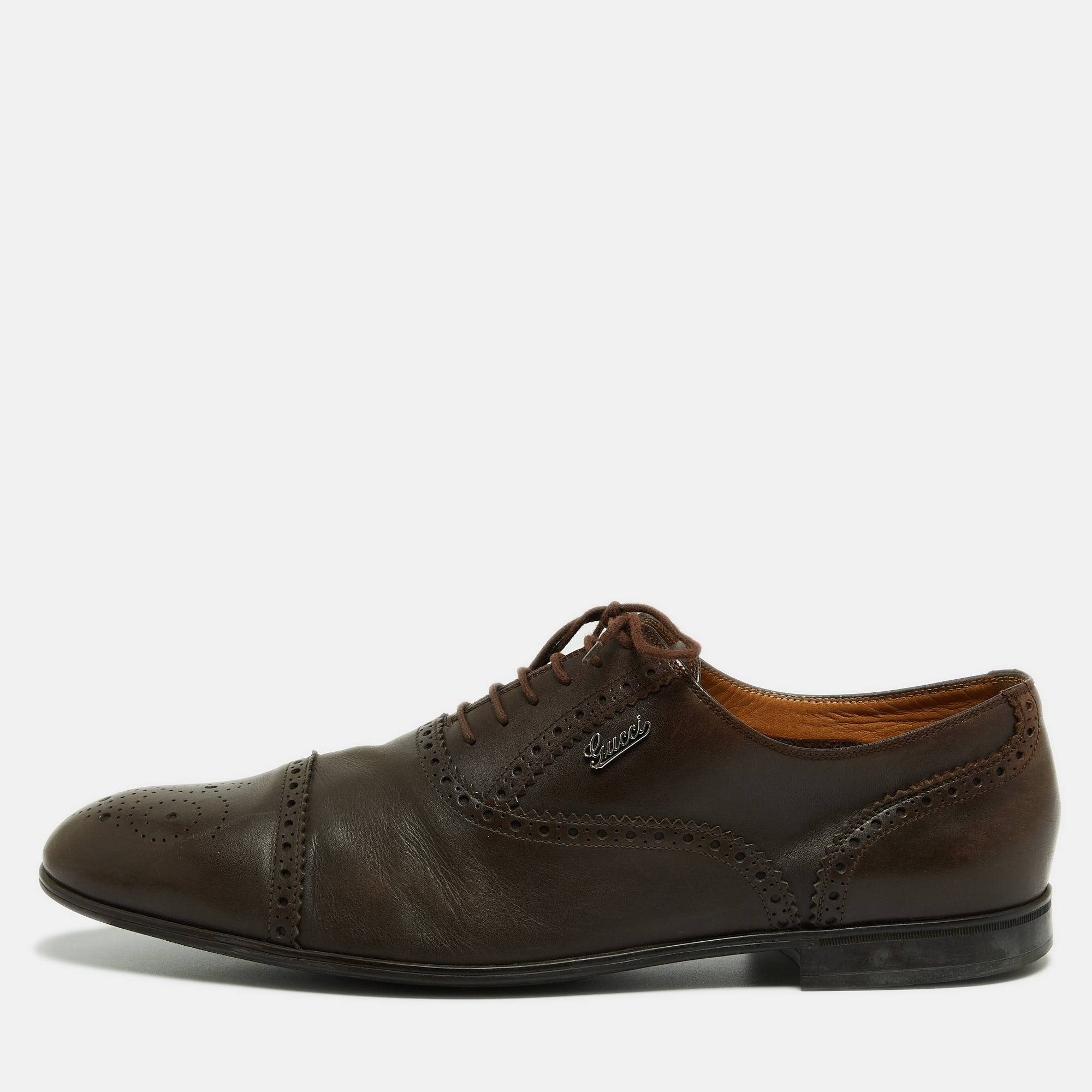 Pre-owned Gucci Brown Leather Brogue Oxfords Size 45.5