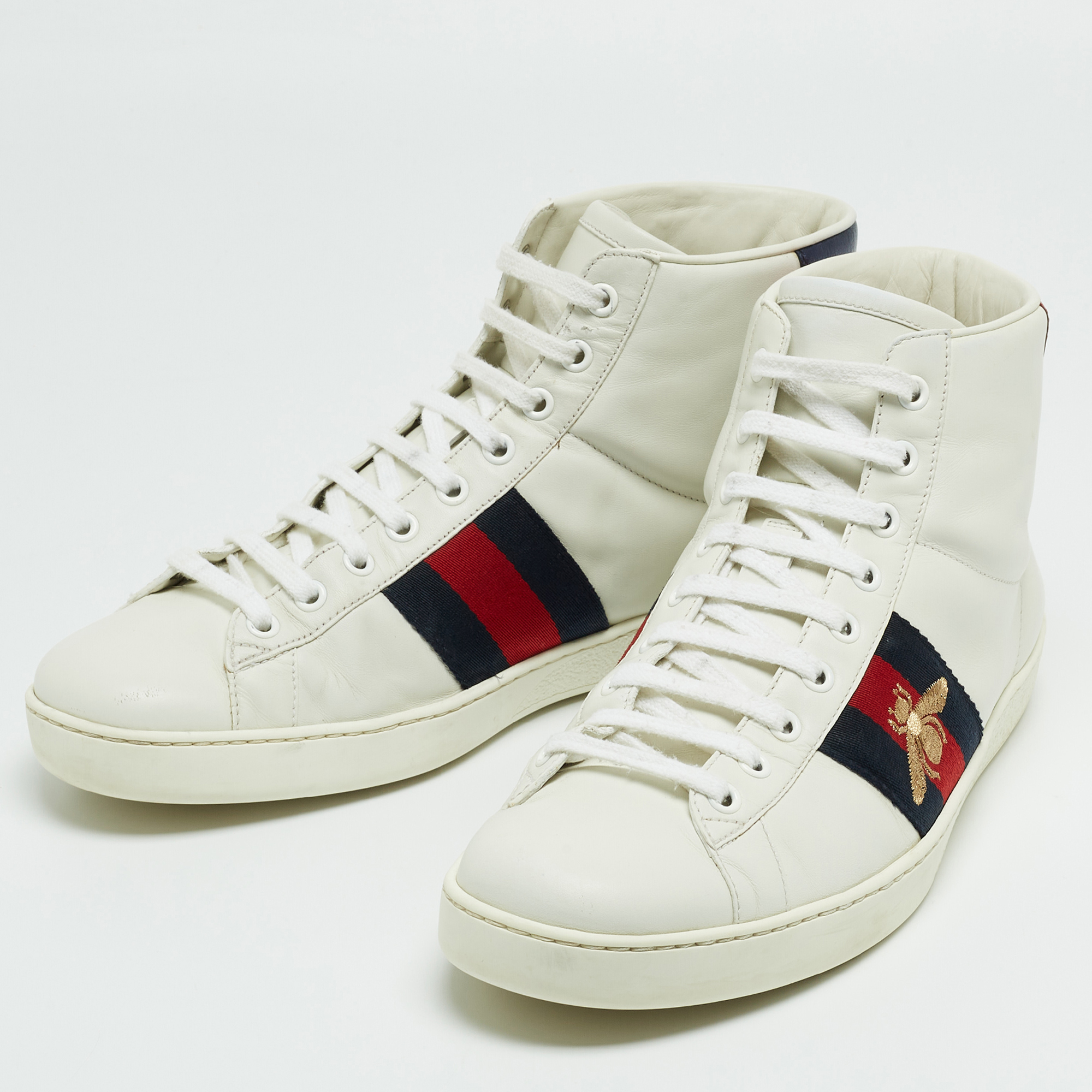 

Gucci White/Blue Leather Embroidered Bee Web Ace High-Top Sneakers Size