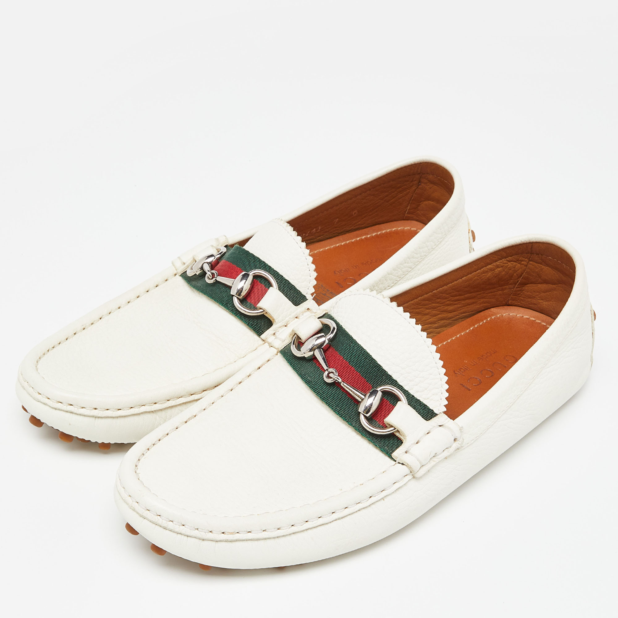 

Gucci Off White Leather Web Horsebit Loafers Size