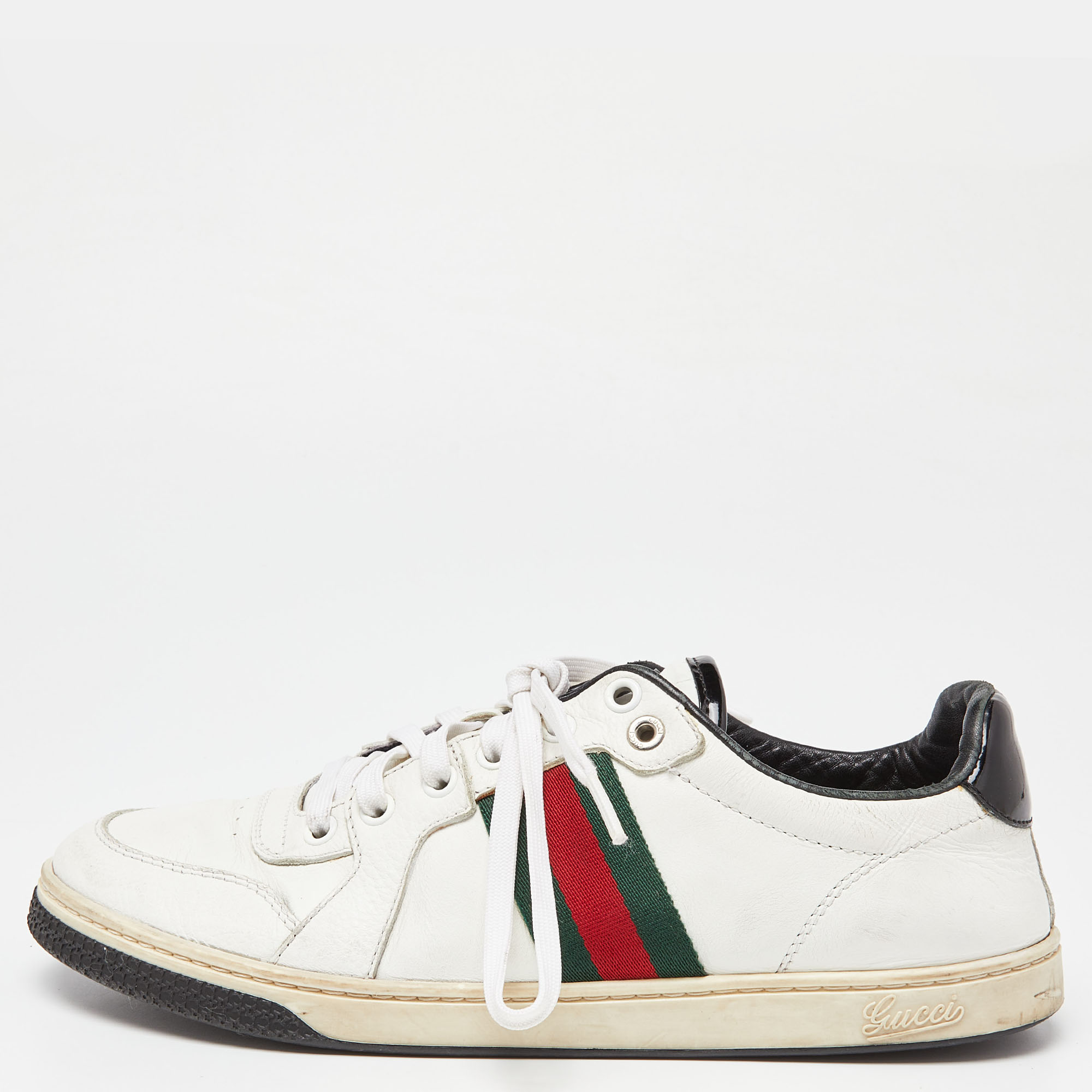 

Gucci White/Black Leather Ace Web Detail Low Top Sneakers Size