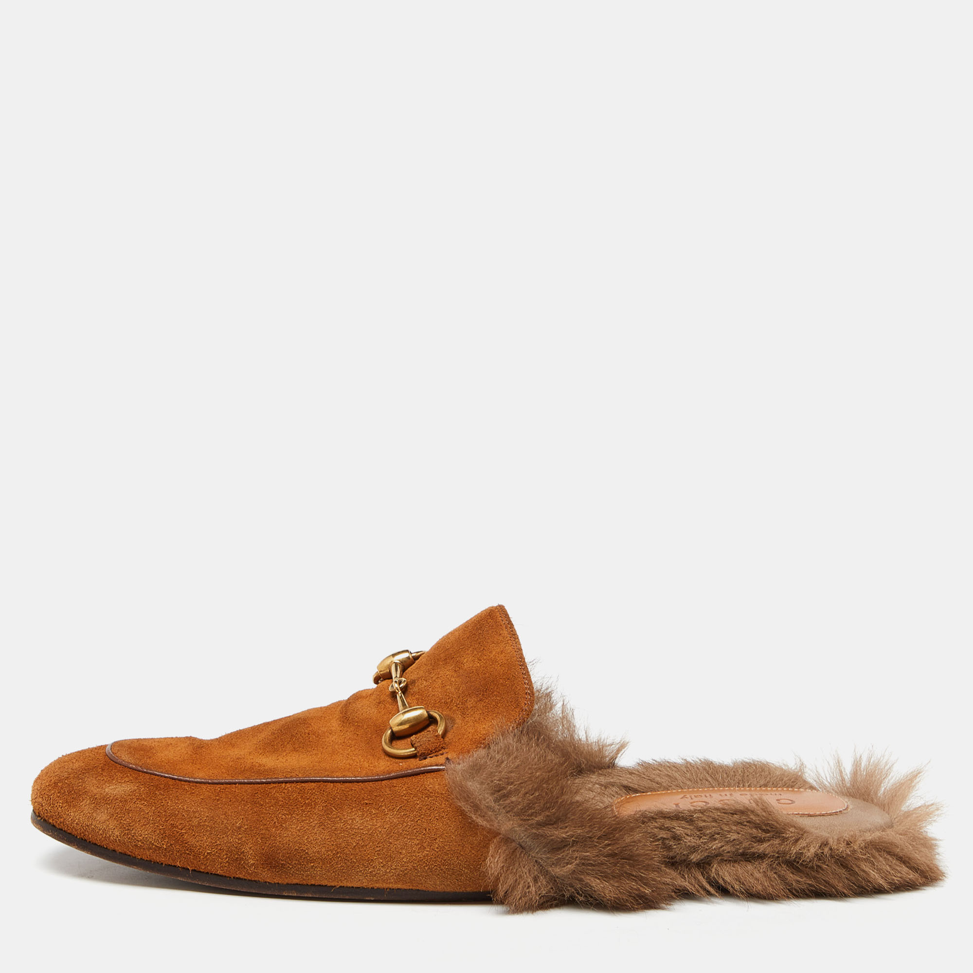 Pre-owned Gucci Brown Suede And Fur Lined Princetown Flat Mules Size 42