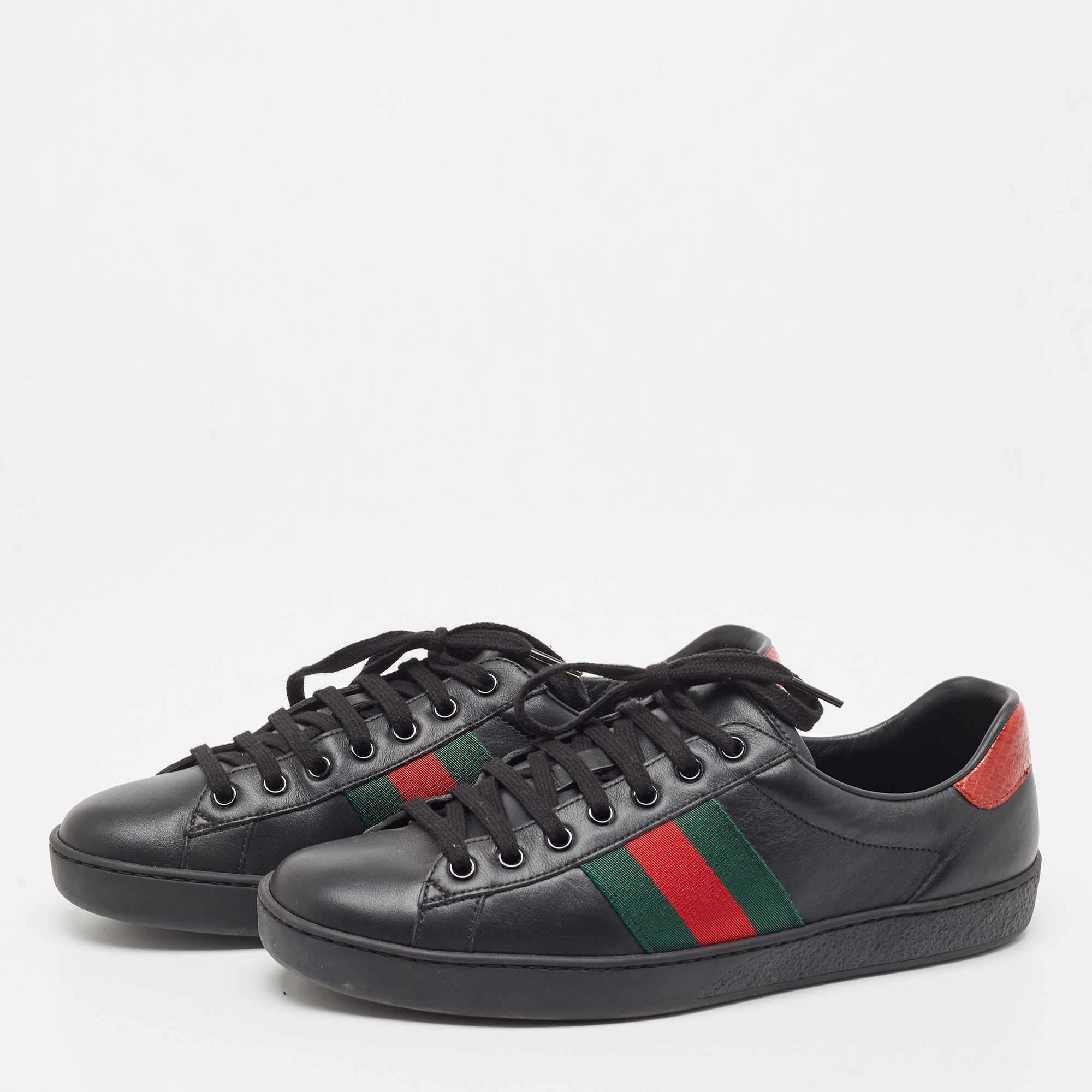 

Gucci Black Leather Ace Web Low Top Sneakers Size