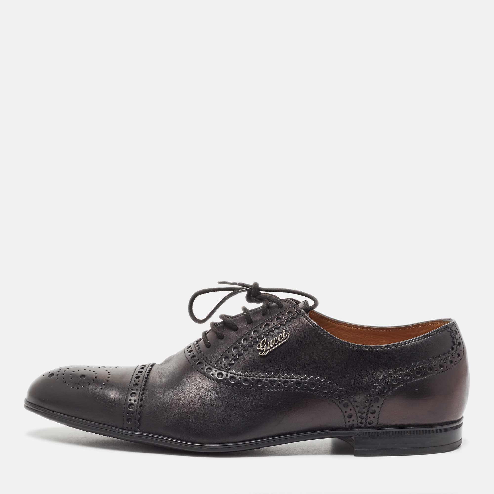 Gucci Black Brogue Leather Lace Up Oxfords Size 40.5