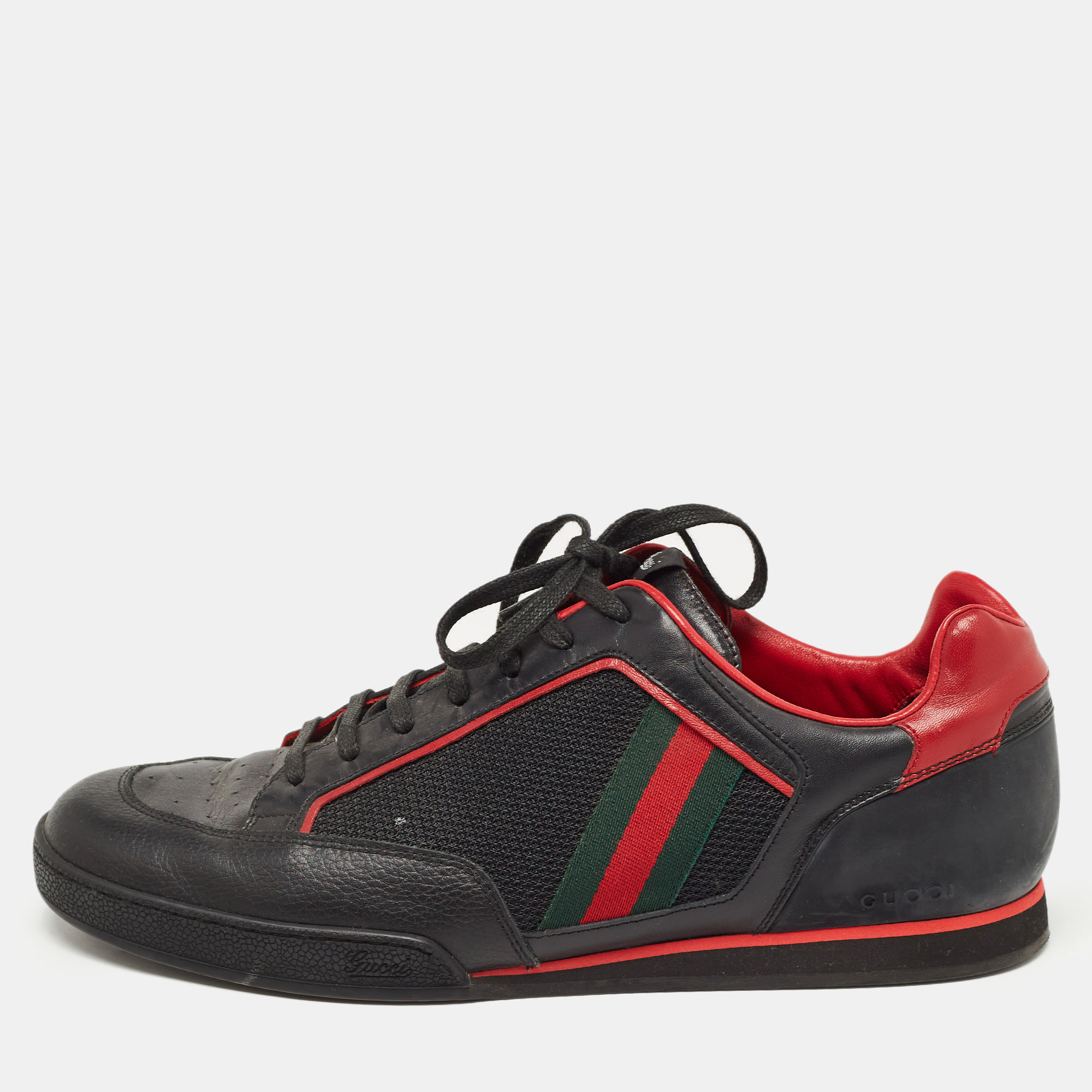 Pre-owned Gucci Black/red Leather And Mesh Vintage Tennis Trainers Size 43.5