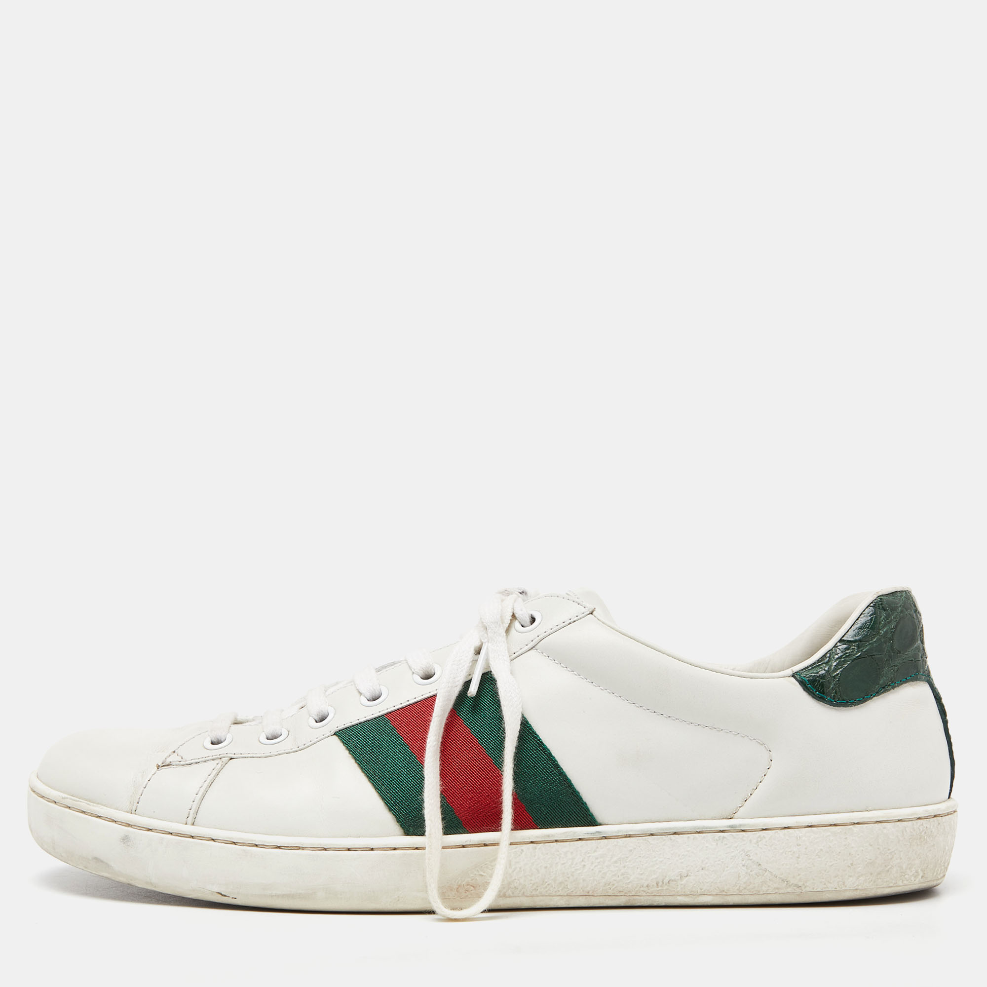 Pre-owned Gucci White Leather Ace Low Top Sneakers Size 44