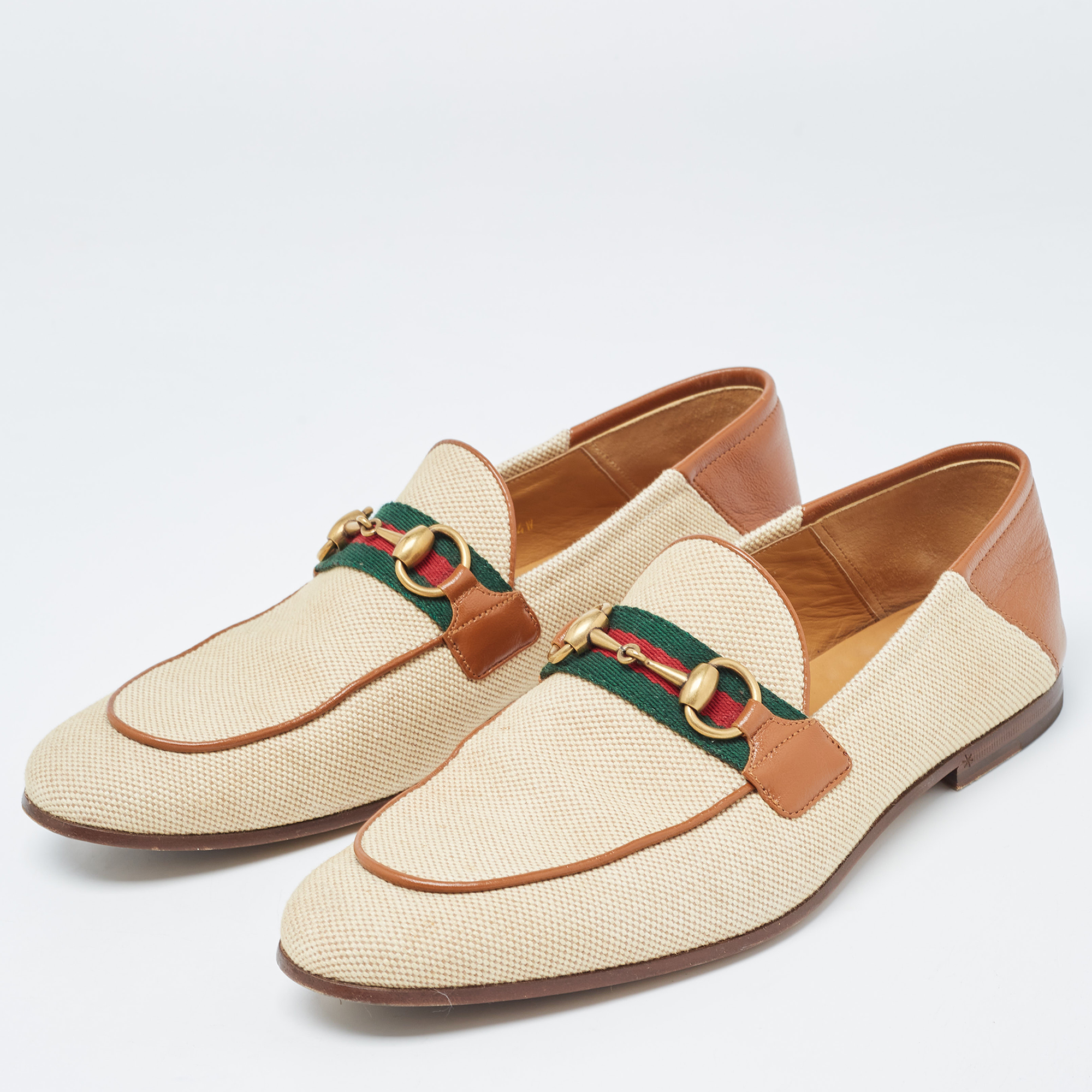 

Gucci Beige/Brown Canvas and Leather Web Horsebit Loafers Size