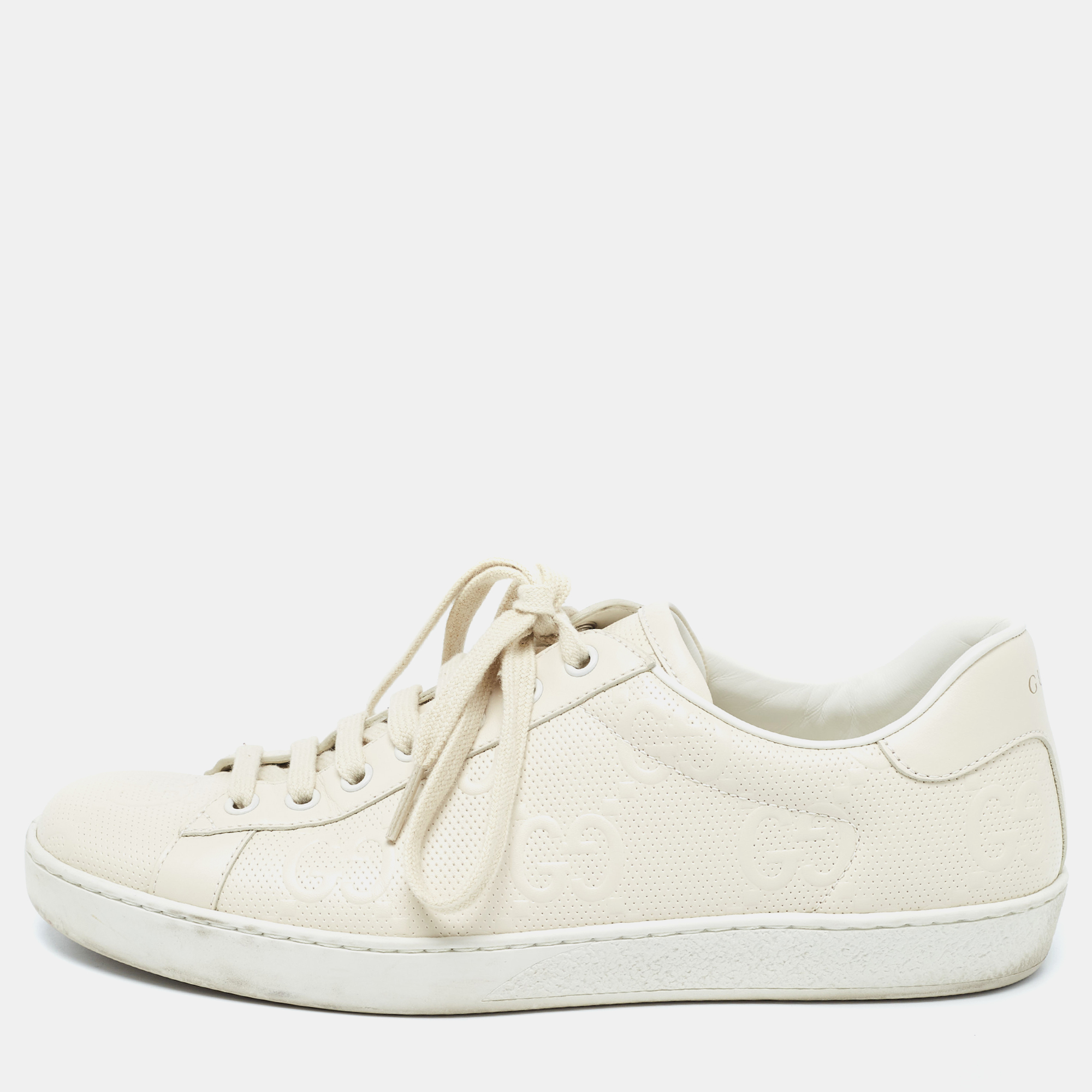 Pre-owned Gucci Cream Gg Leather Lace Up Trainers Size 43
