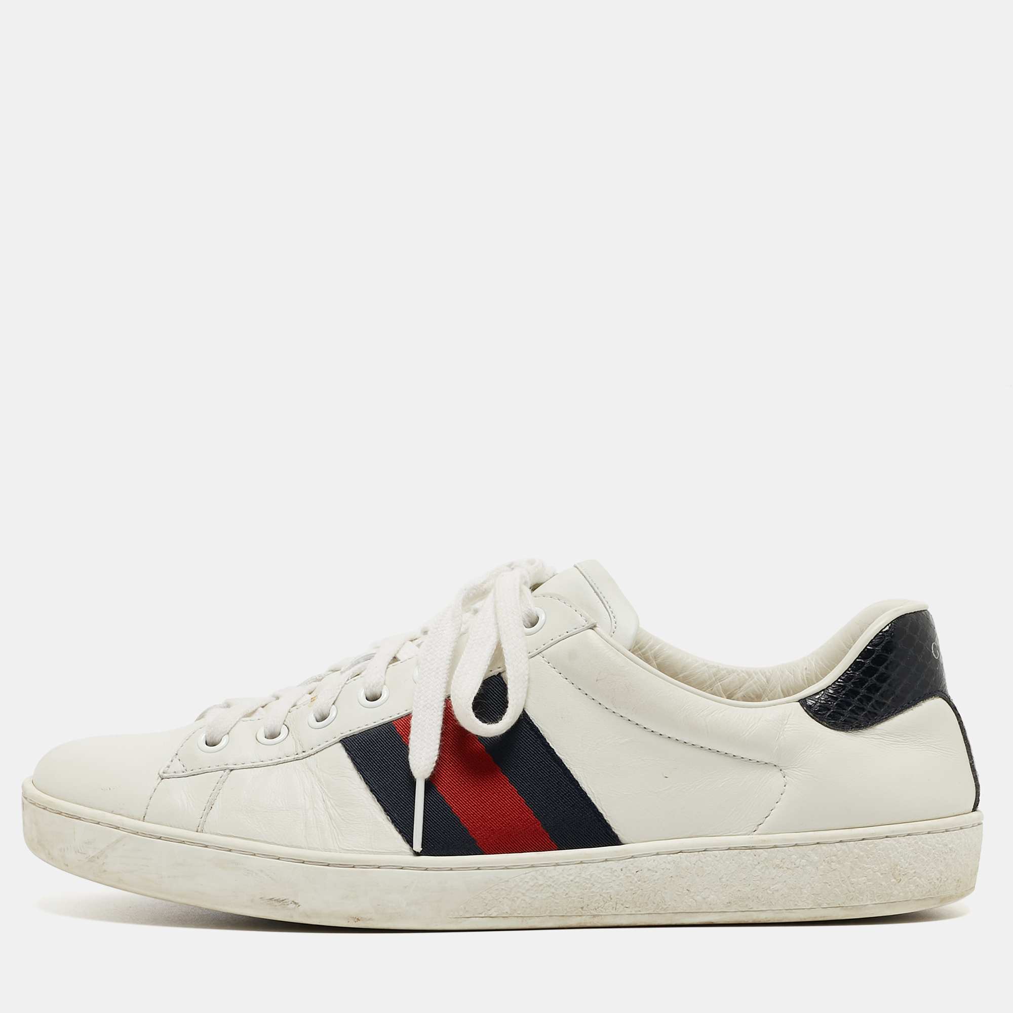 Pre-owned Gucci White Leather Ace Low Top Sneakers Size 42