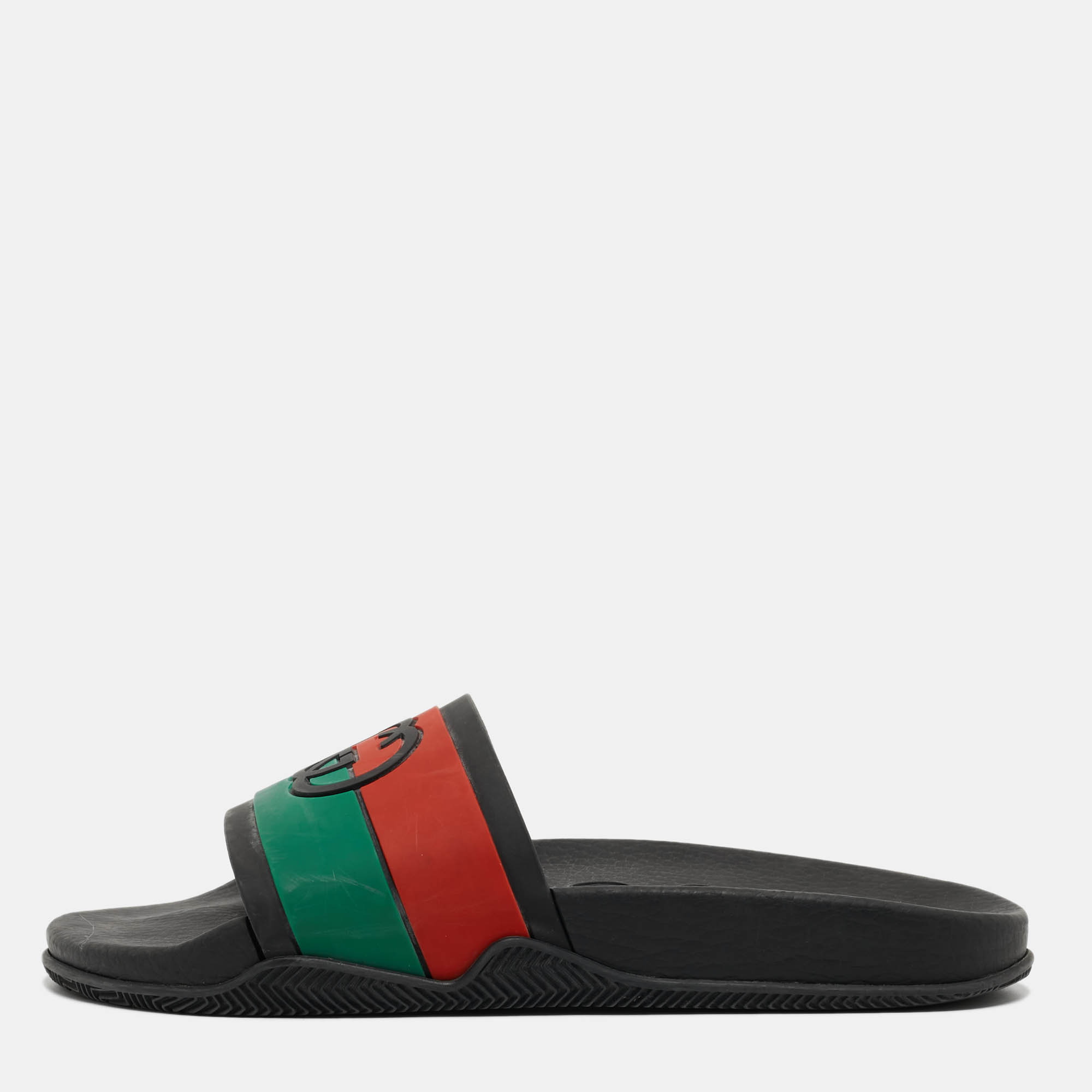 

Gucci Tricolor Rubber Web Interlocking G Slides Size 44, Black