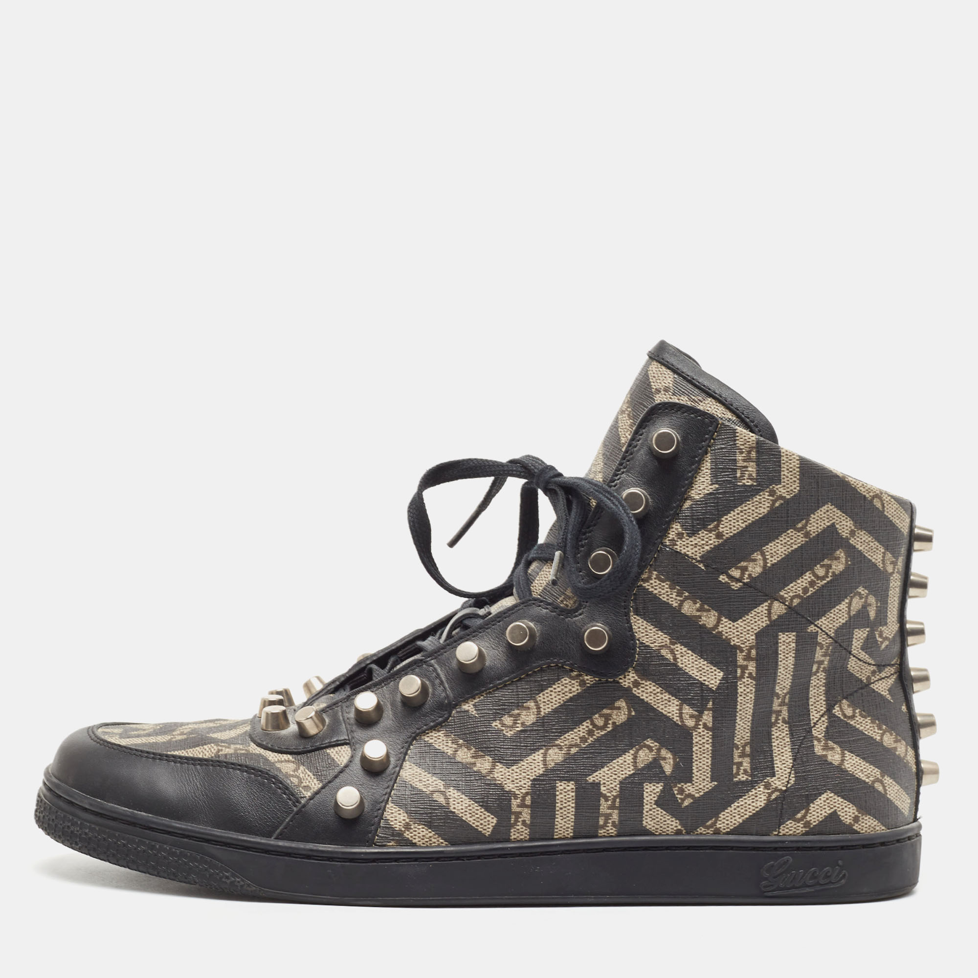 Pre-owned Gucci Black/beige Geometric Print Gg Supreme Canvas And Leather High Top Sneaker Size 43