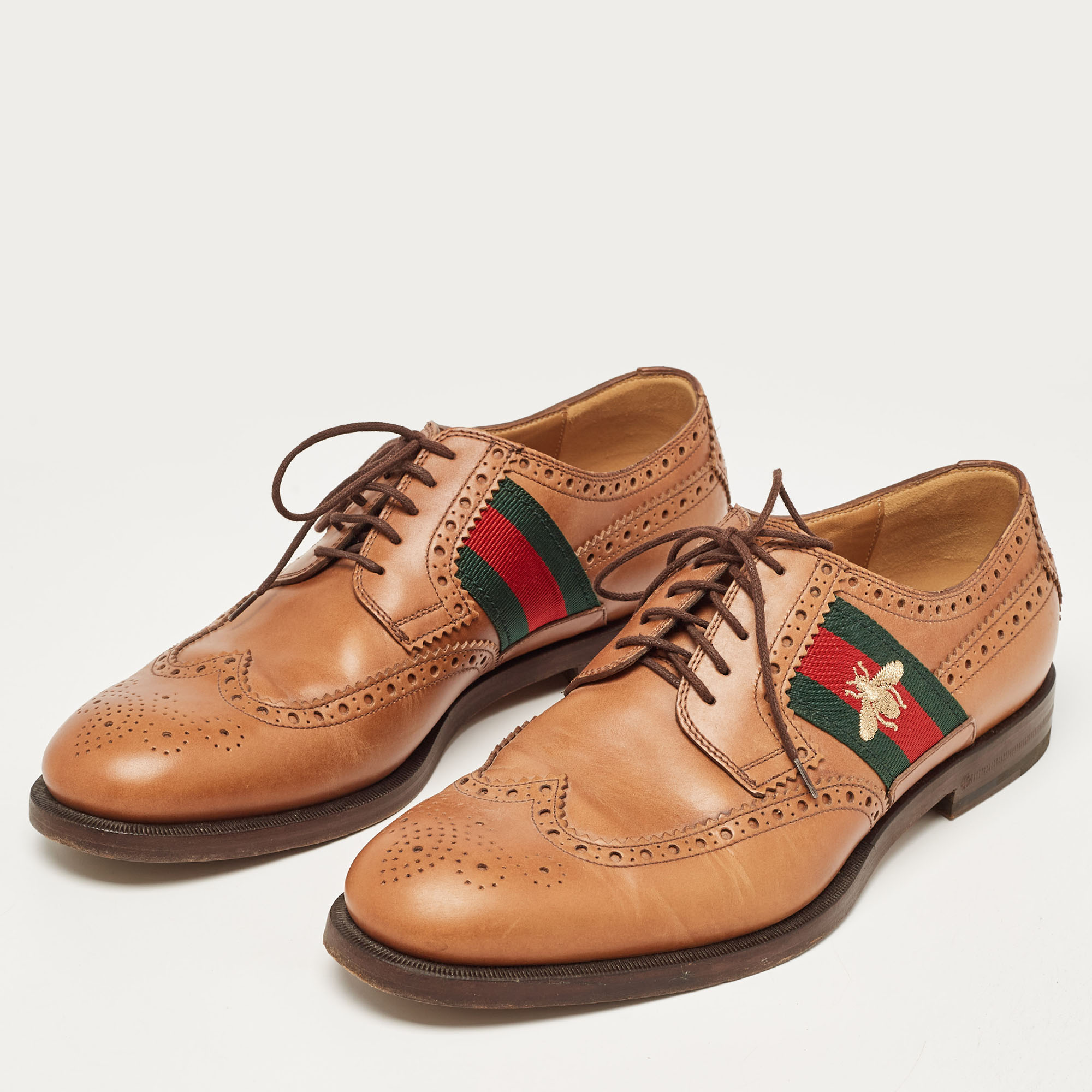 

Gucci Brown Brogue Leather Bee Web Detail Lace Up Derby Size