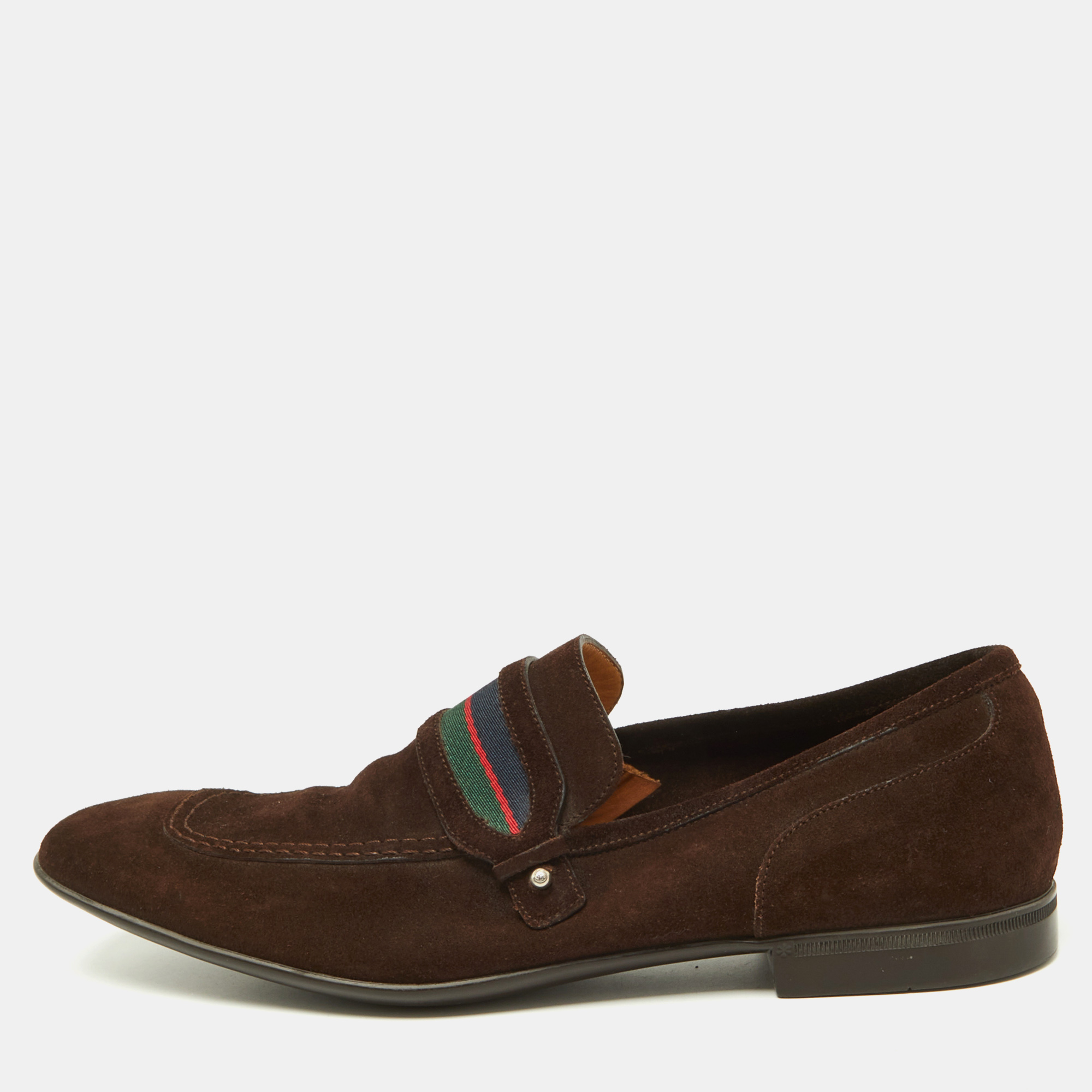 

Gucci Brown Suede Web Slip On Loafers Size
