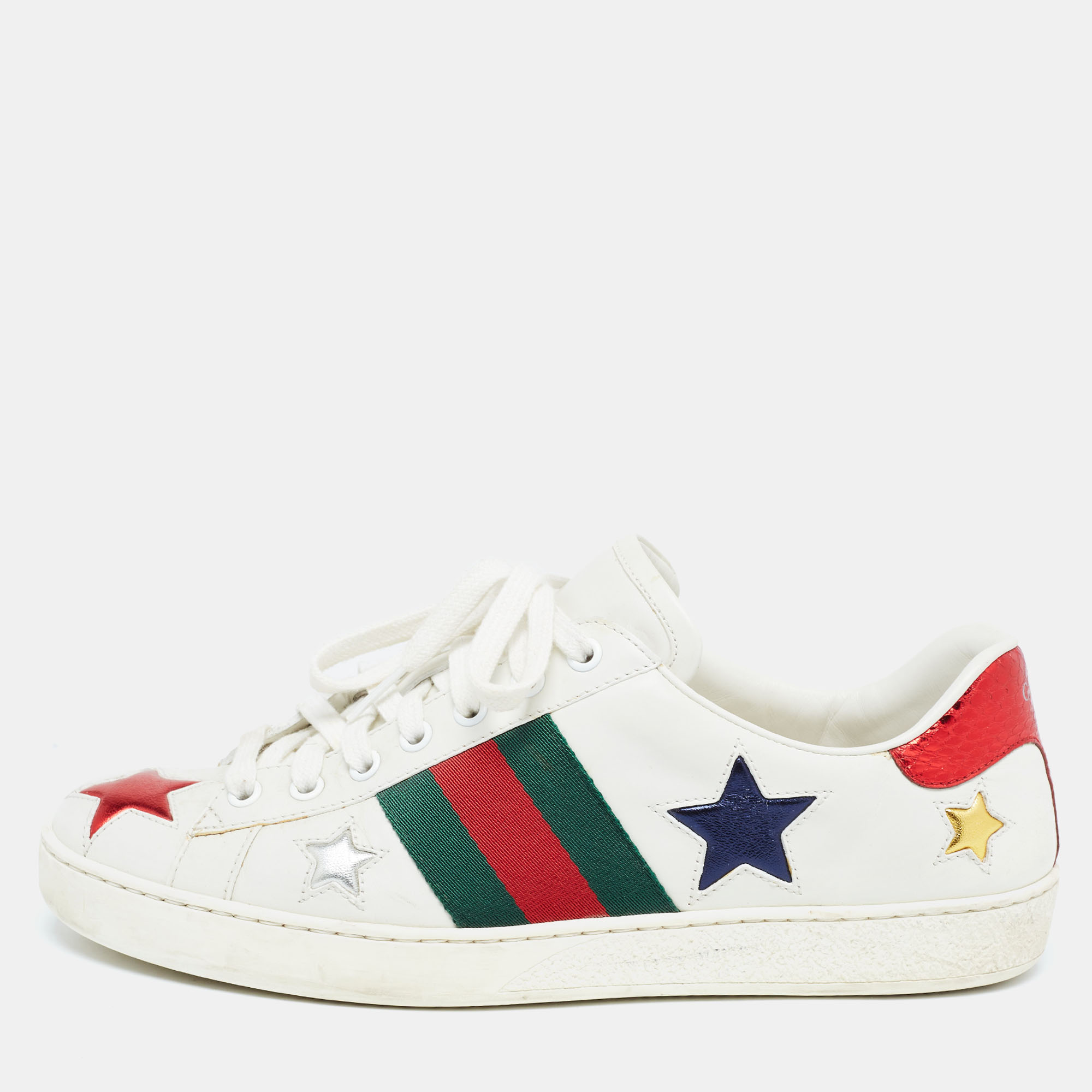 Pre-owned Gucci White Leather Star Ace Low Top Sneakers Size 41