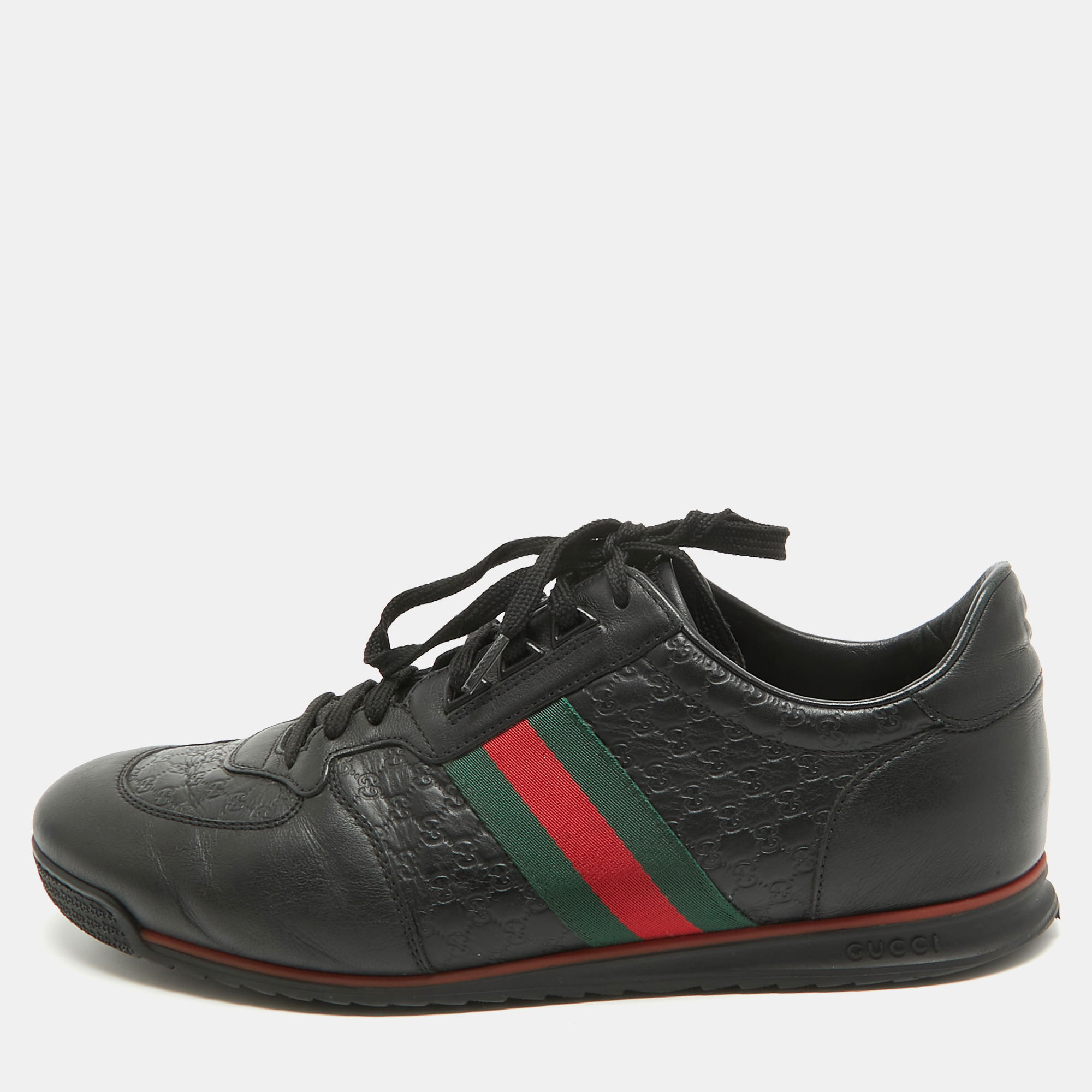 Pre-owned Gucci Ssima Leather Web Ace Sneakers Size 45.5 In Black