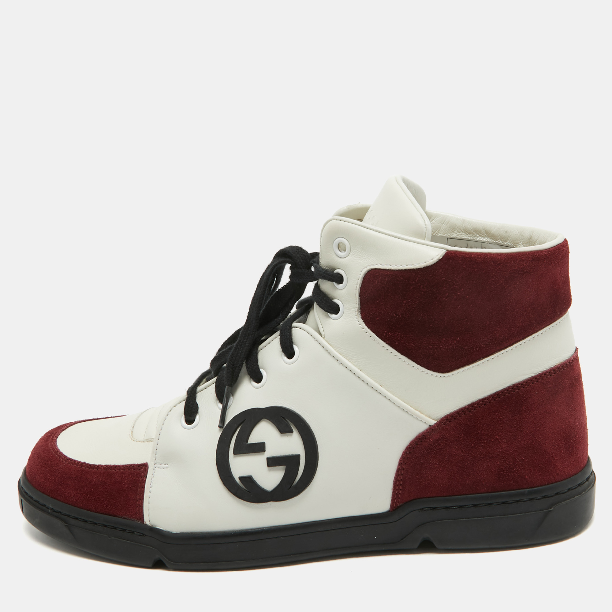 

Gucci Burgundy/White GG Interlocking Leather Lace Up High Top Sneakers Size