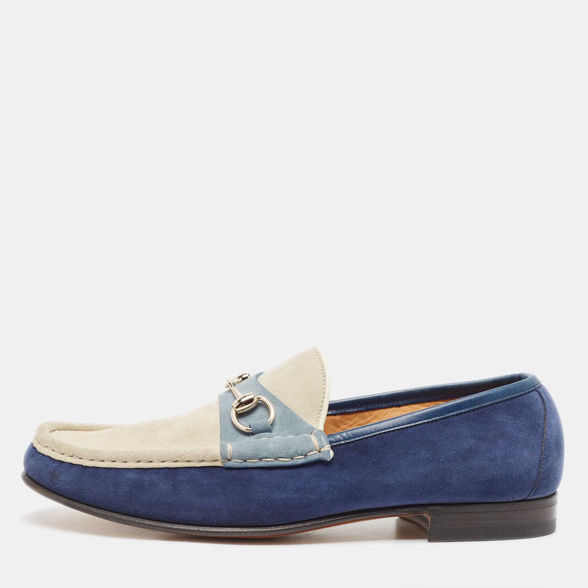 Pre-owned Gucci Tricolor Suede Horsebit Slip On Loafers Size 43 In Blue