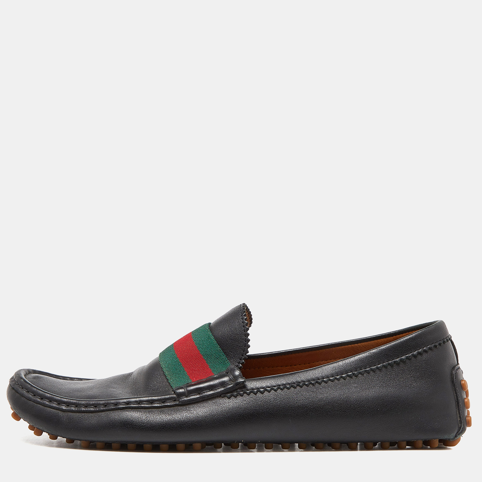 Pre-owned Gucci Black Leather Web Slip On Loafers Size 44