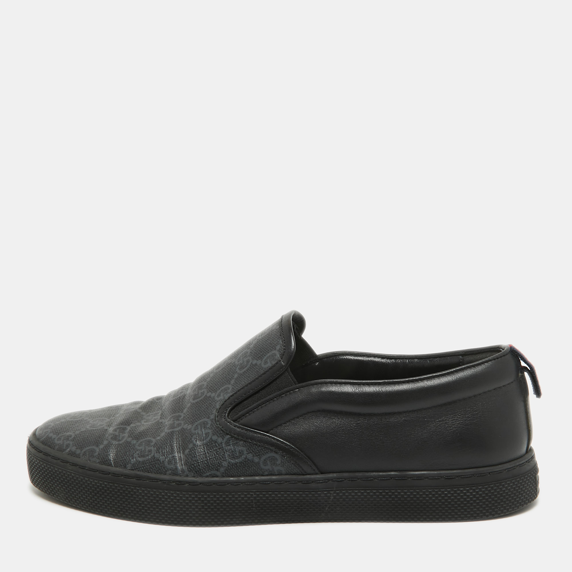 Pre Owned Gucci Black GG Coated Canvas and Leather Slip On Sneakers Size 41.5