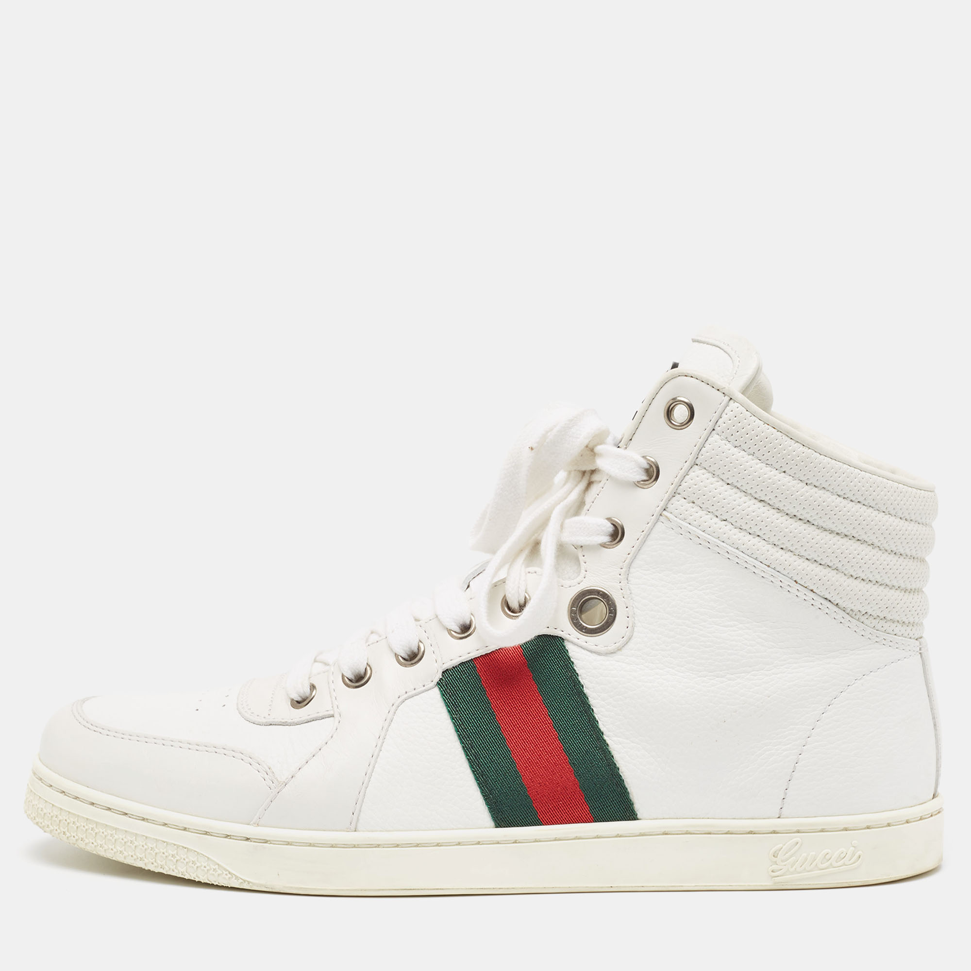 Pre-owned Gucci White Leather Web Detail High Top Sneakers Size 41.5