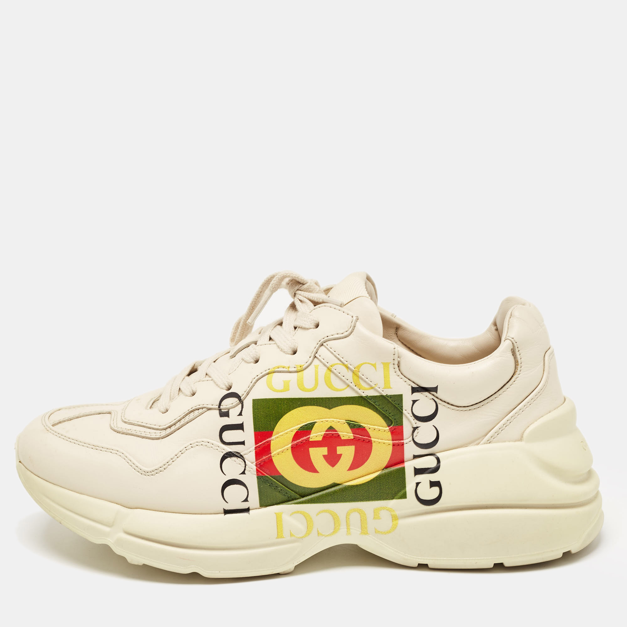 

Gucci Cream Leather Rhyton Logo Low Top Sneakers Size