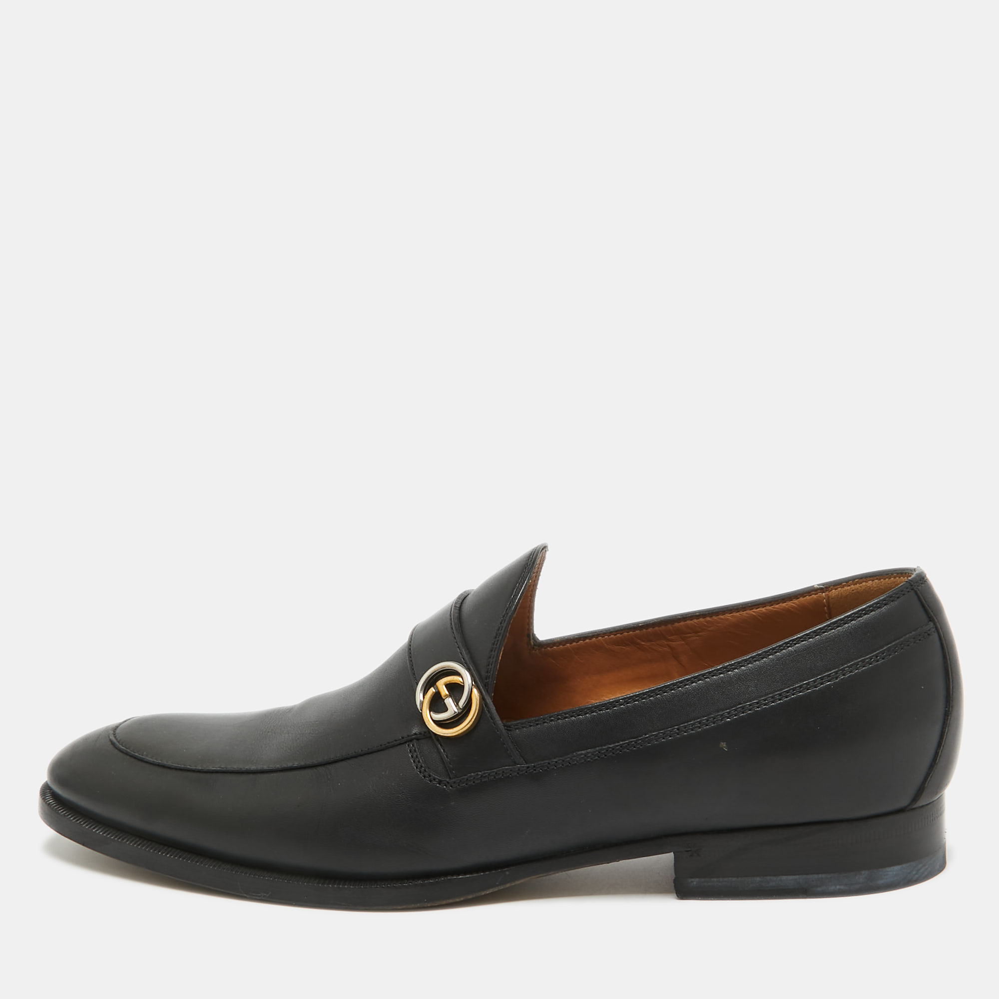 

Gucci Black Leather Interlocking G Loafers Size