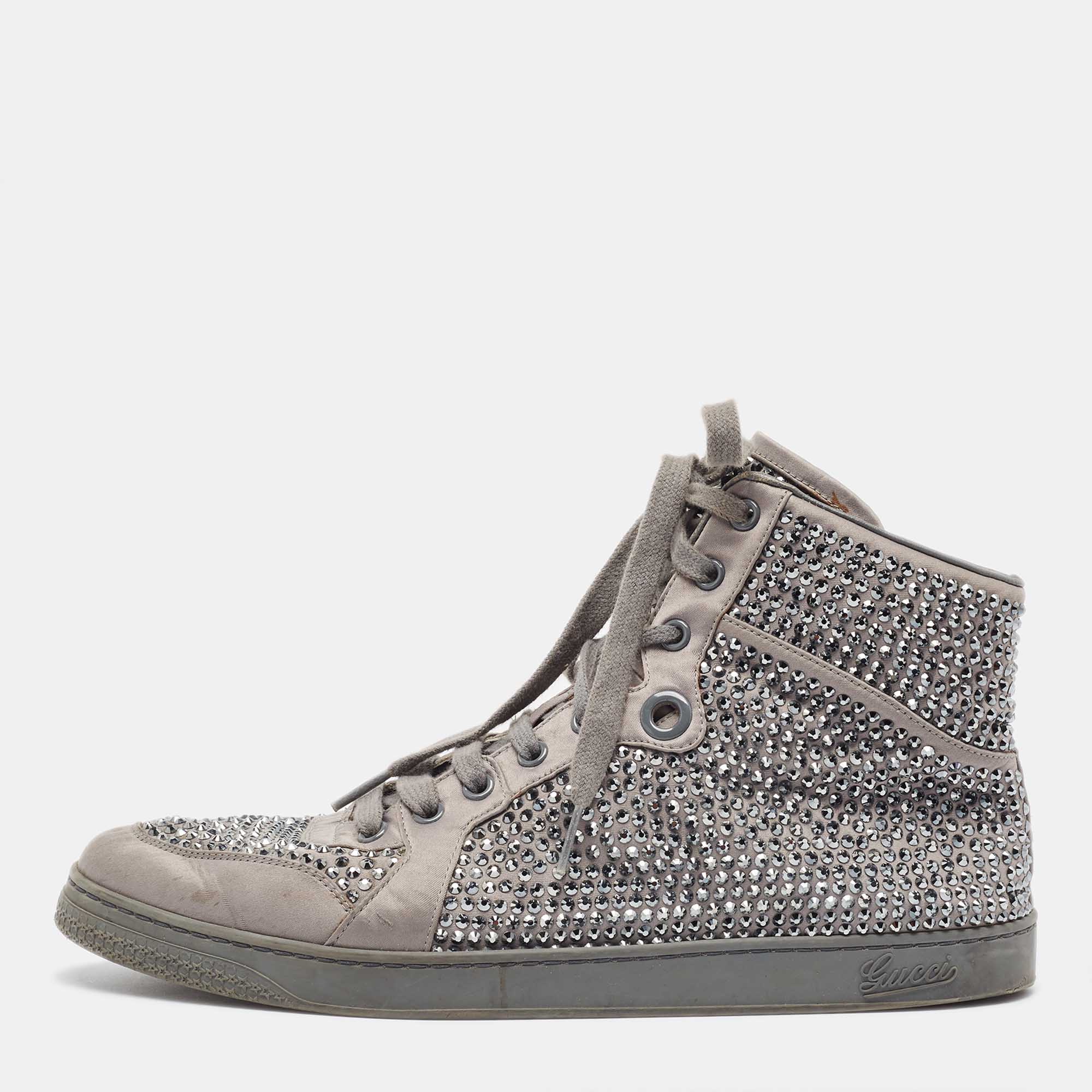 Pre-owned Gucci Grey Satin Crystal Embellished Coda High Top Sneakers Size 42