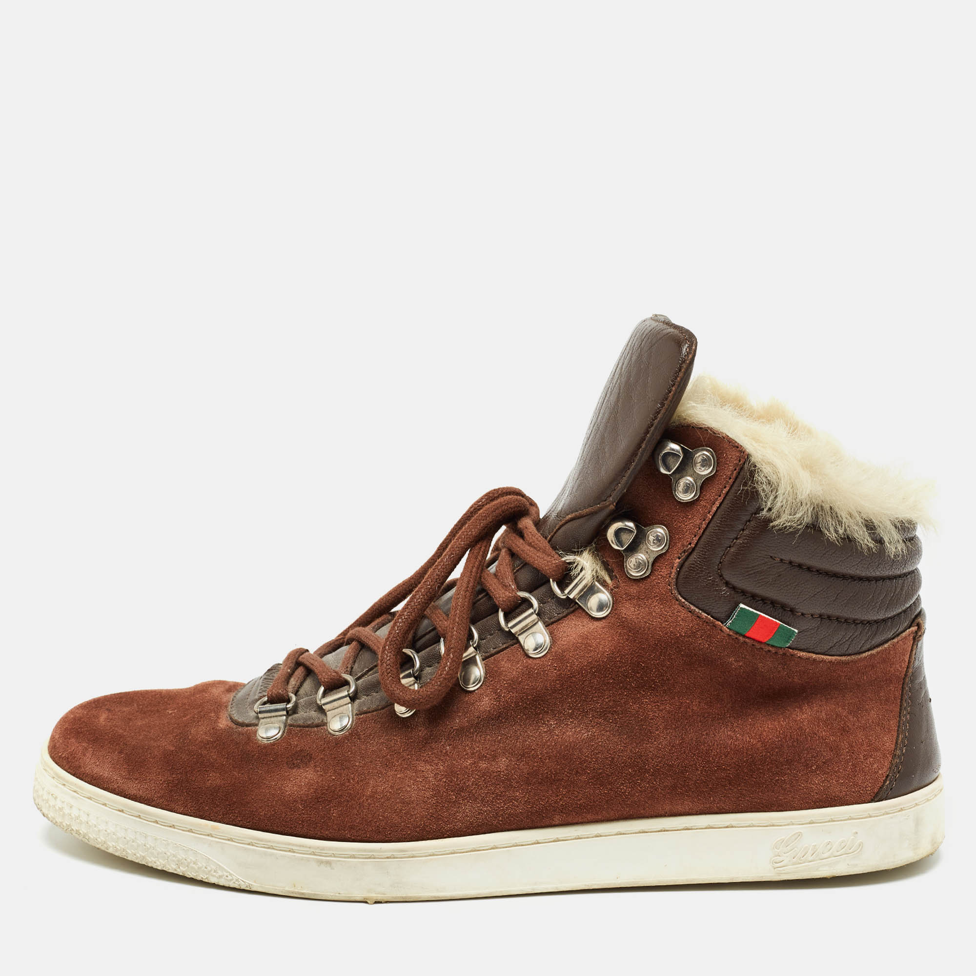 Pre-owned Gucci Brown Suede And Fur Trim High Top Sneakers Size 43