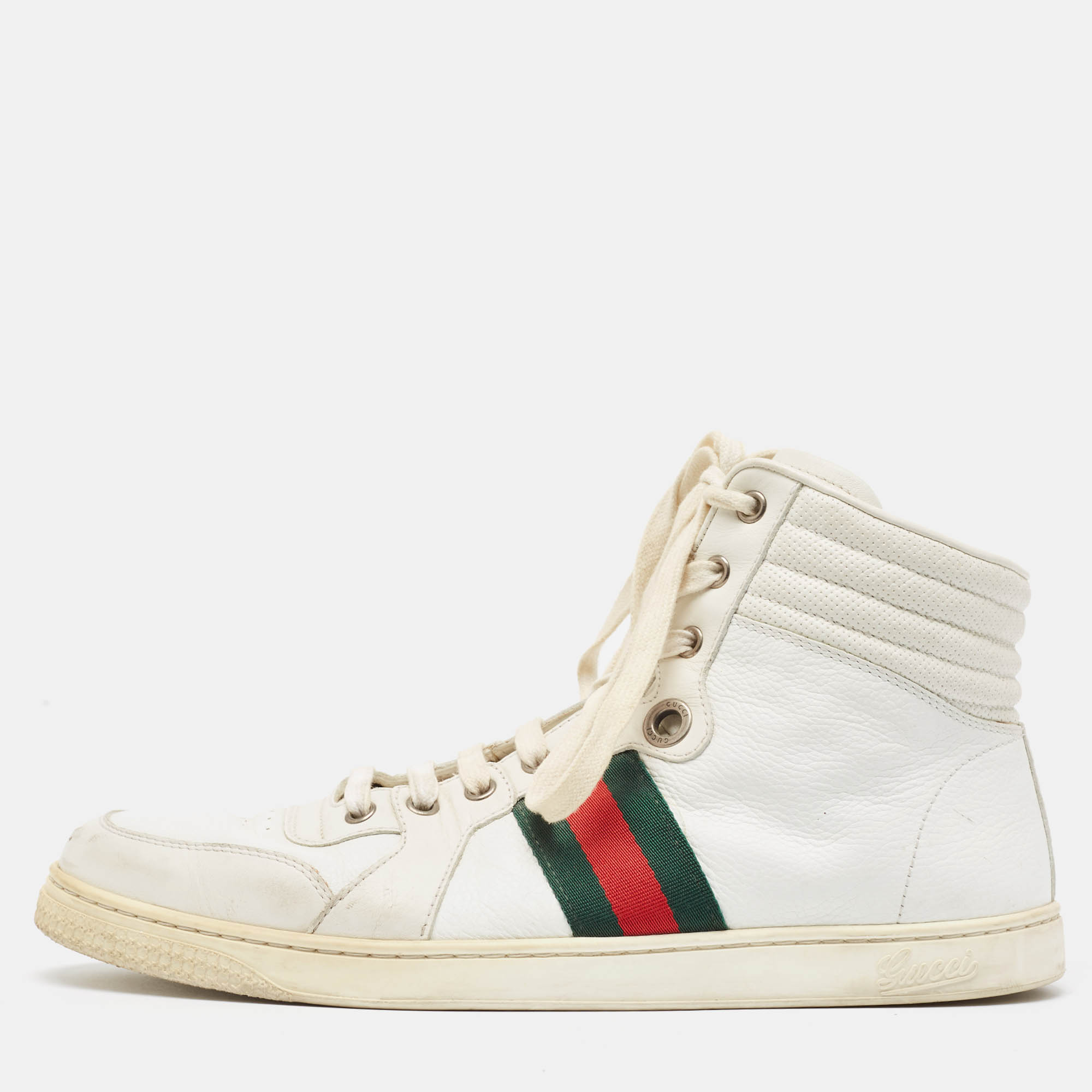 Pre-owned Gucci White Leather Web Detail High Top Sneakers Size 43