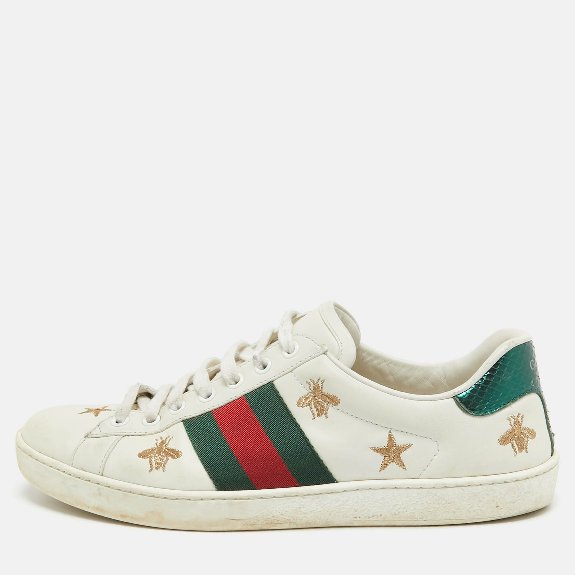 Pre-owned Gucci White Leather Ace Web Bee Embroidered Low Top Sneakers Size 41