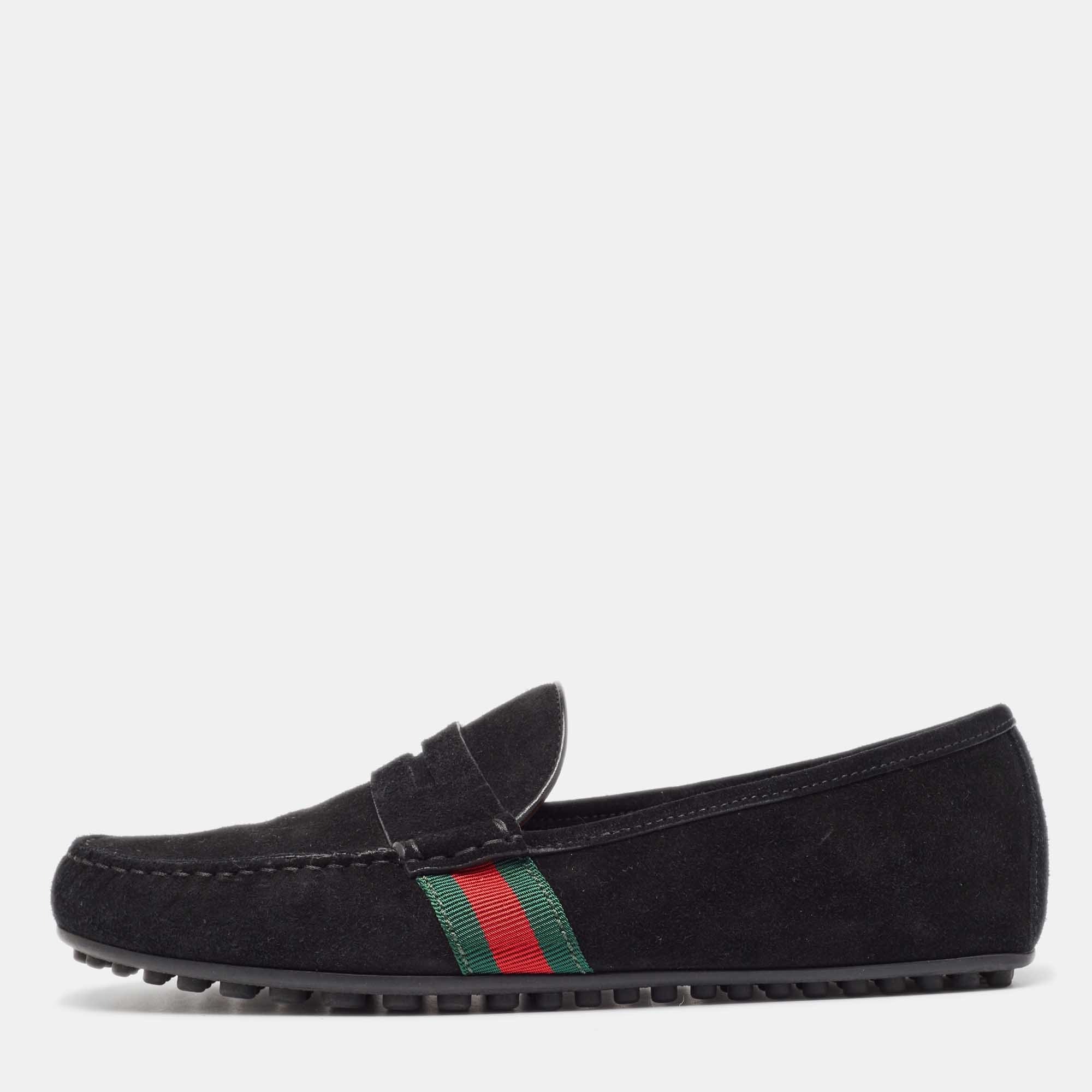 

Gucci Black Suede Web Low Top Loafers Size 41.5