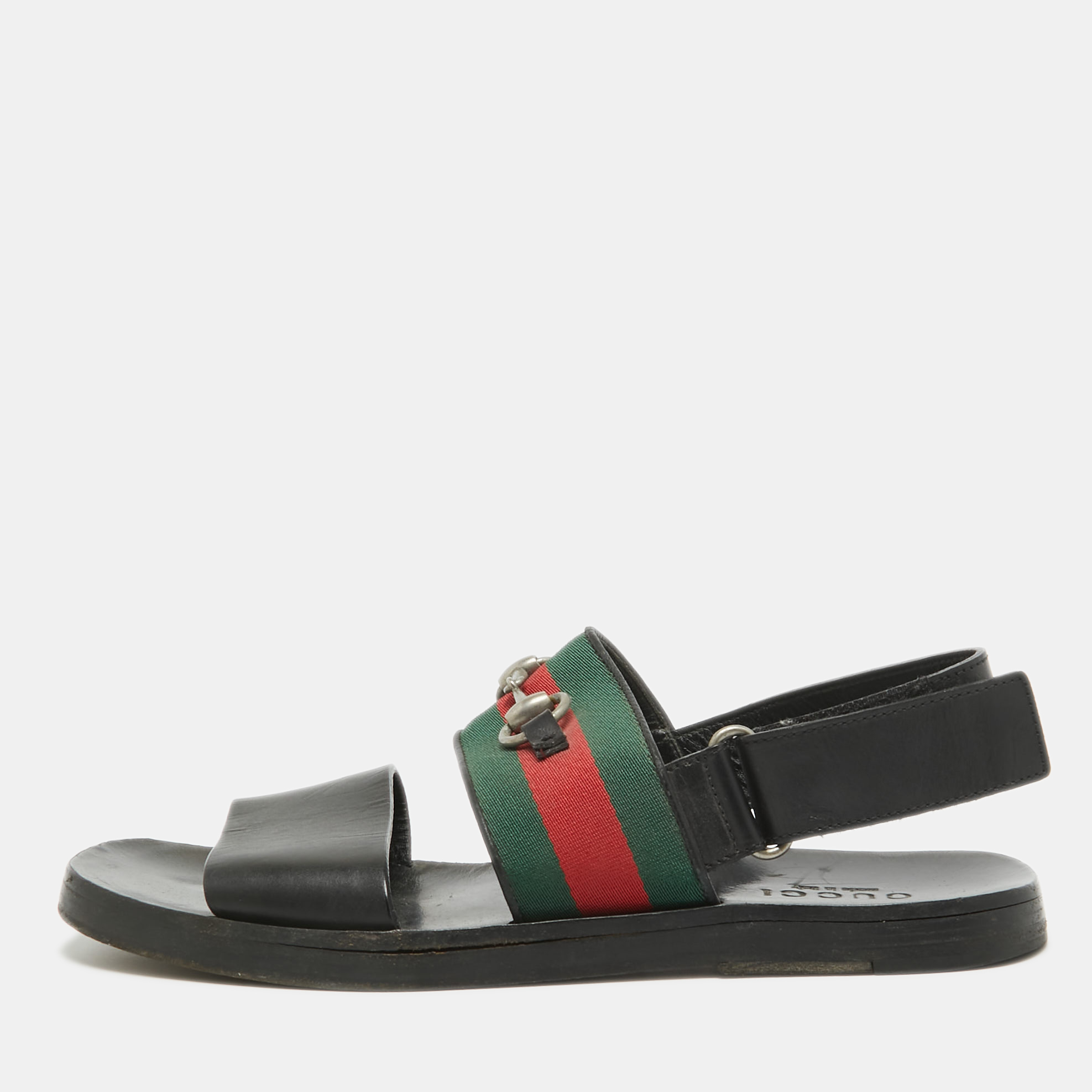 

Gucci Black Leather and Canvas Web Horsebit Slingback Sandals Size