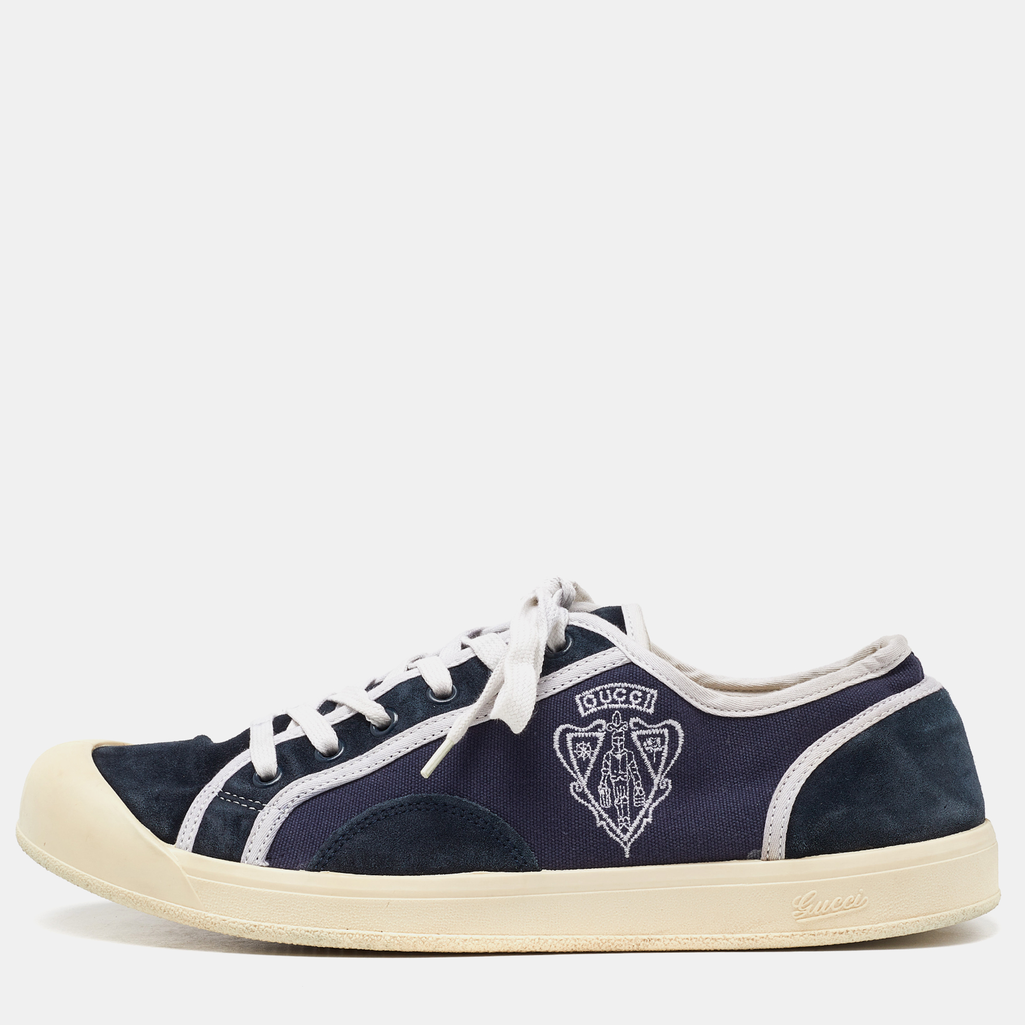 Pre-owned Gucci Navy Blue Canvas And Suede Signature Crest Sneakers Size 42
