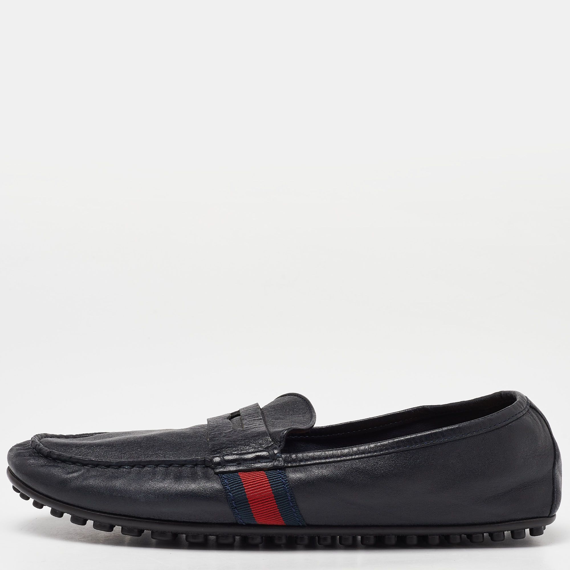 

Gucci Black Leather Web Penny Slip On Loafers Size 43