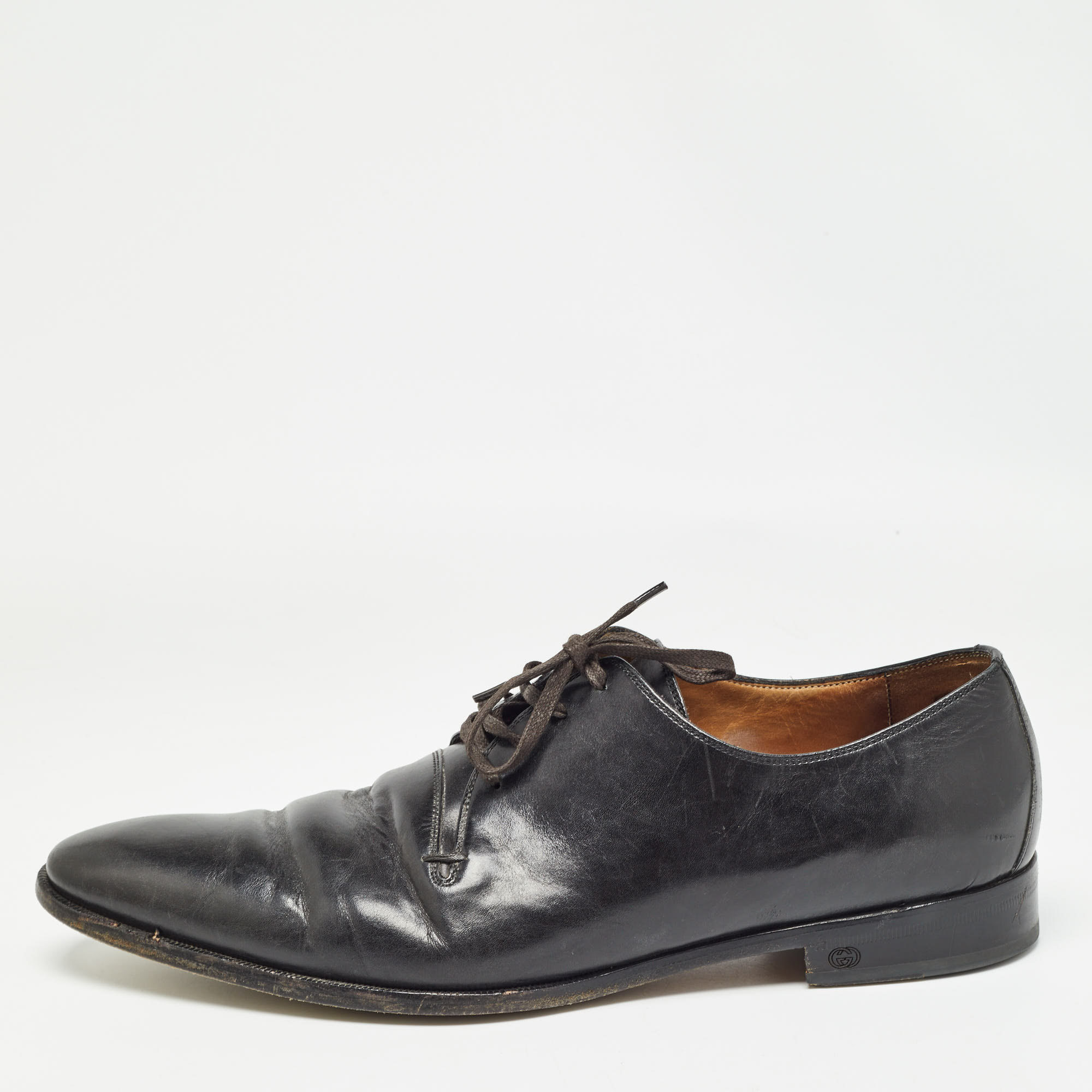 Pre-owned Gucci Black Leather Lace Up Derby Size 45