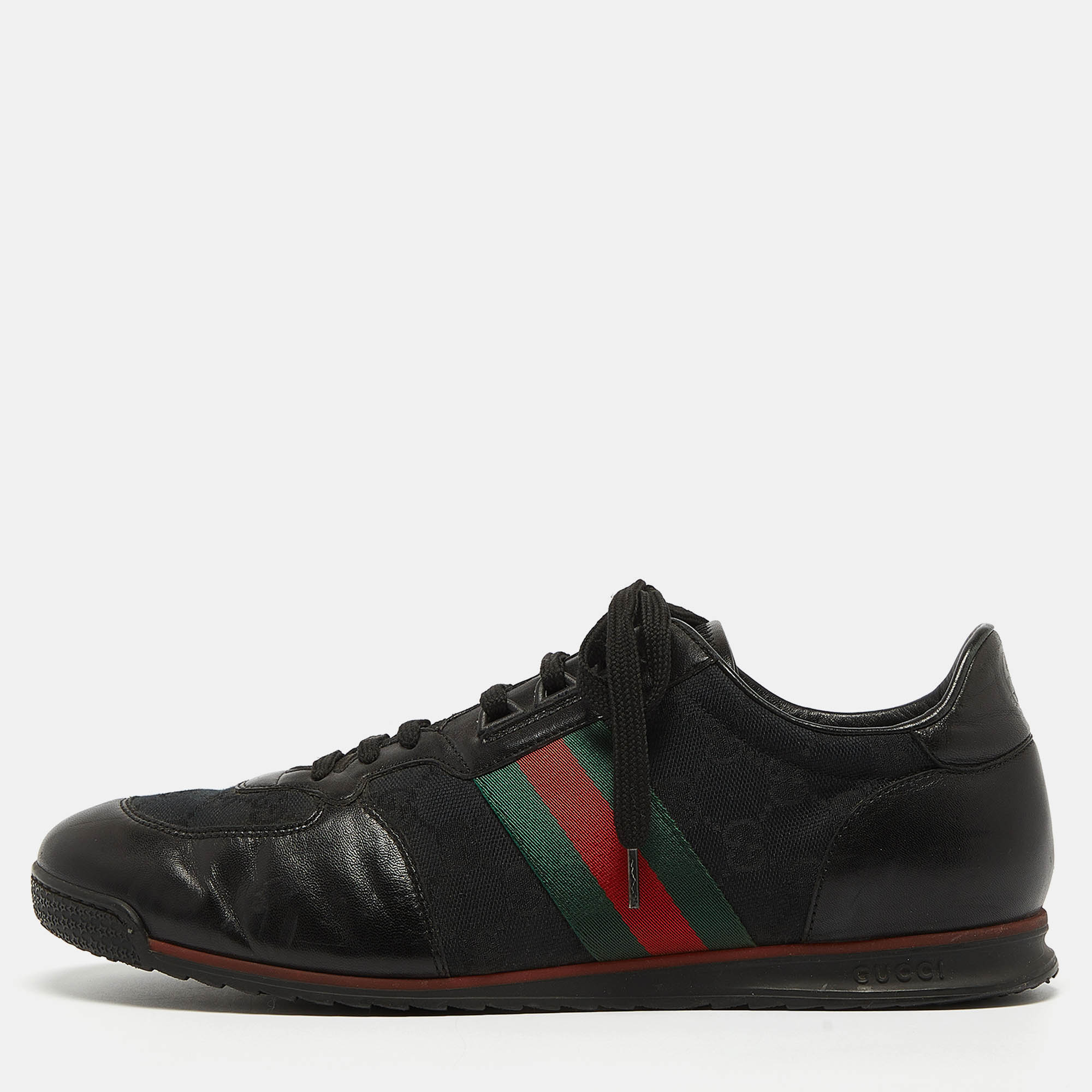 

Gucci Black Leather and GG Canvas Web Low Top Sneakers Size