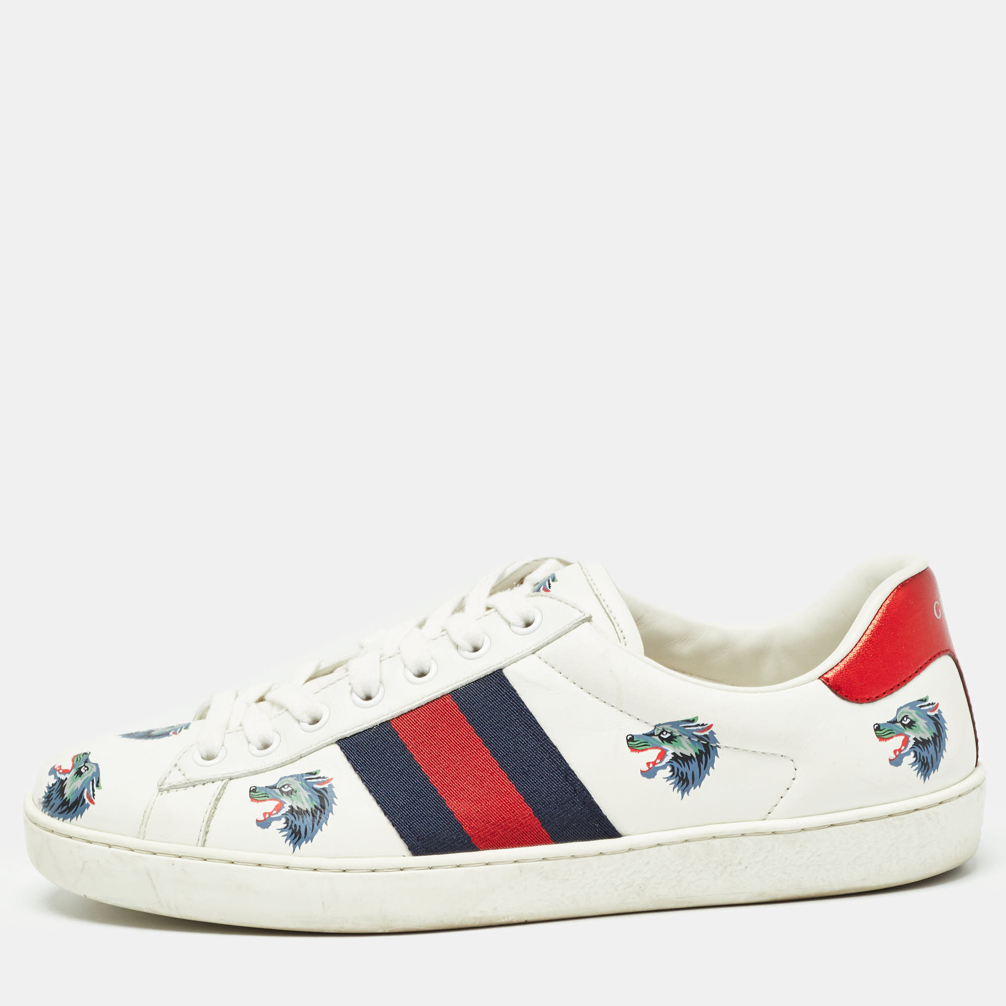 Pre-owned Gucci White Leather Wolf Print Ace Sneakers Size 41.5