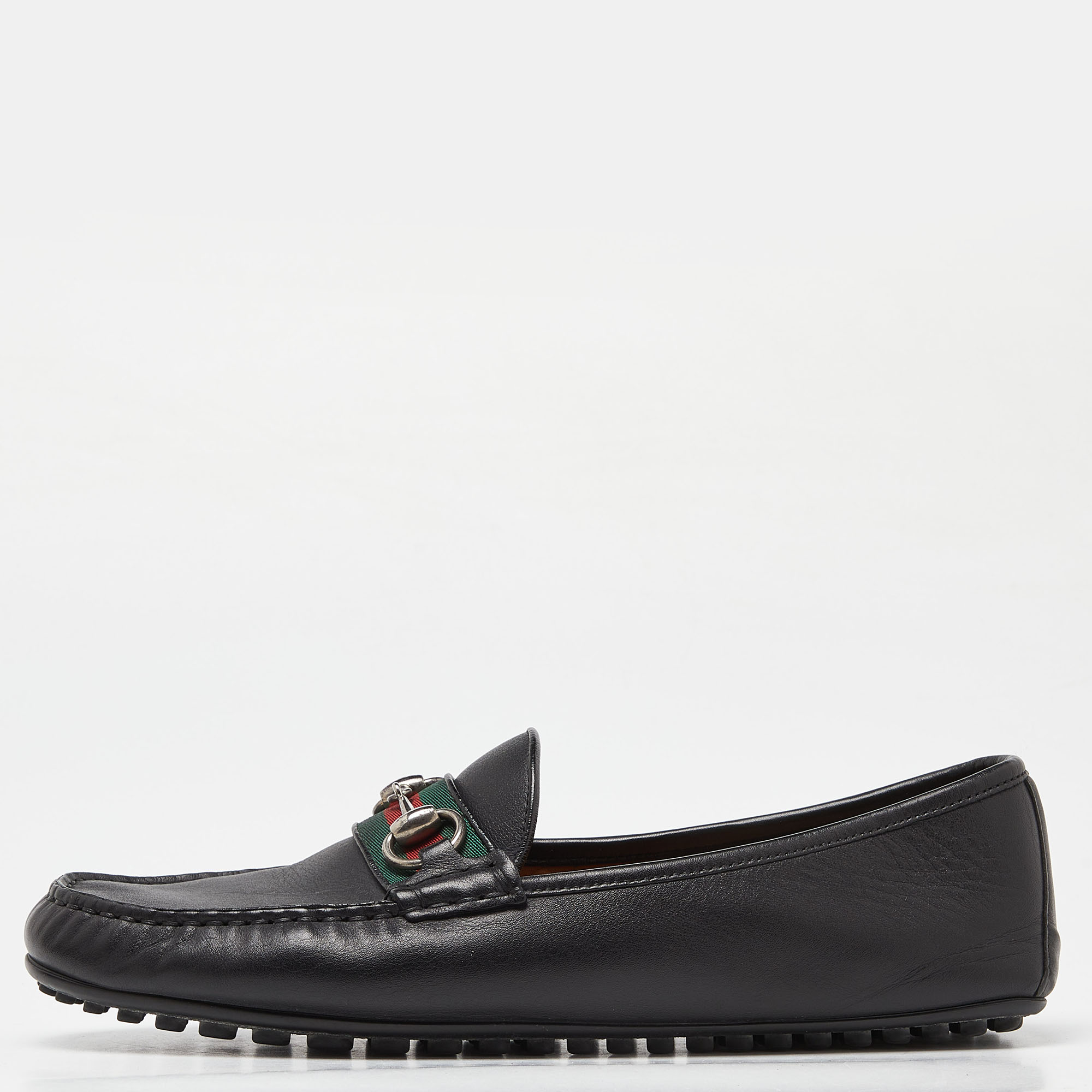 

Gucci Black Leather Web Horsebit Slip On Loafers Size 42