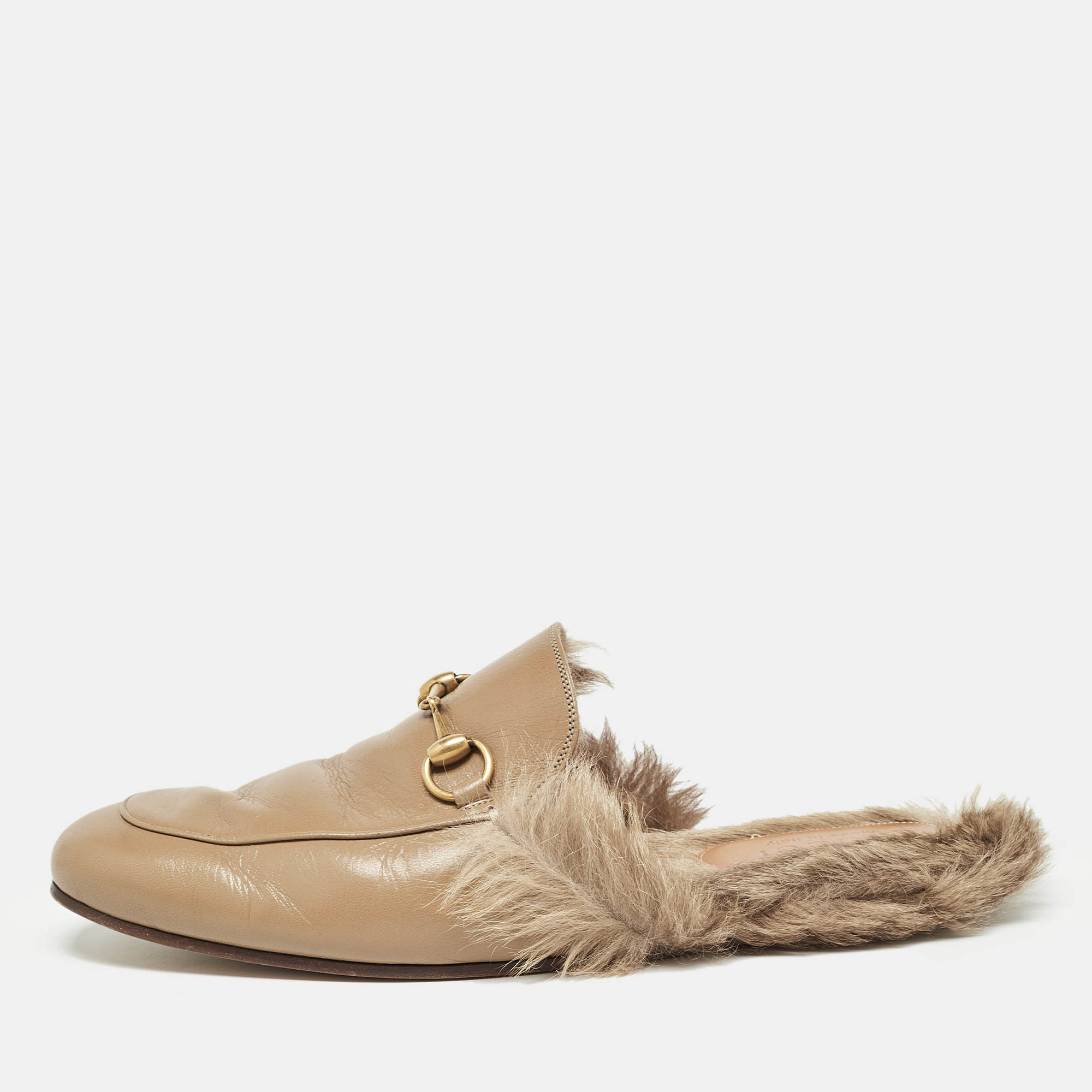 

Gucci Beige Leather and Fur Princetown Flat Mules Size 44