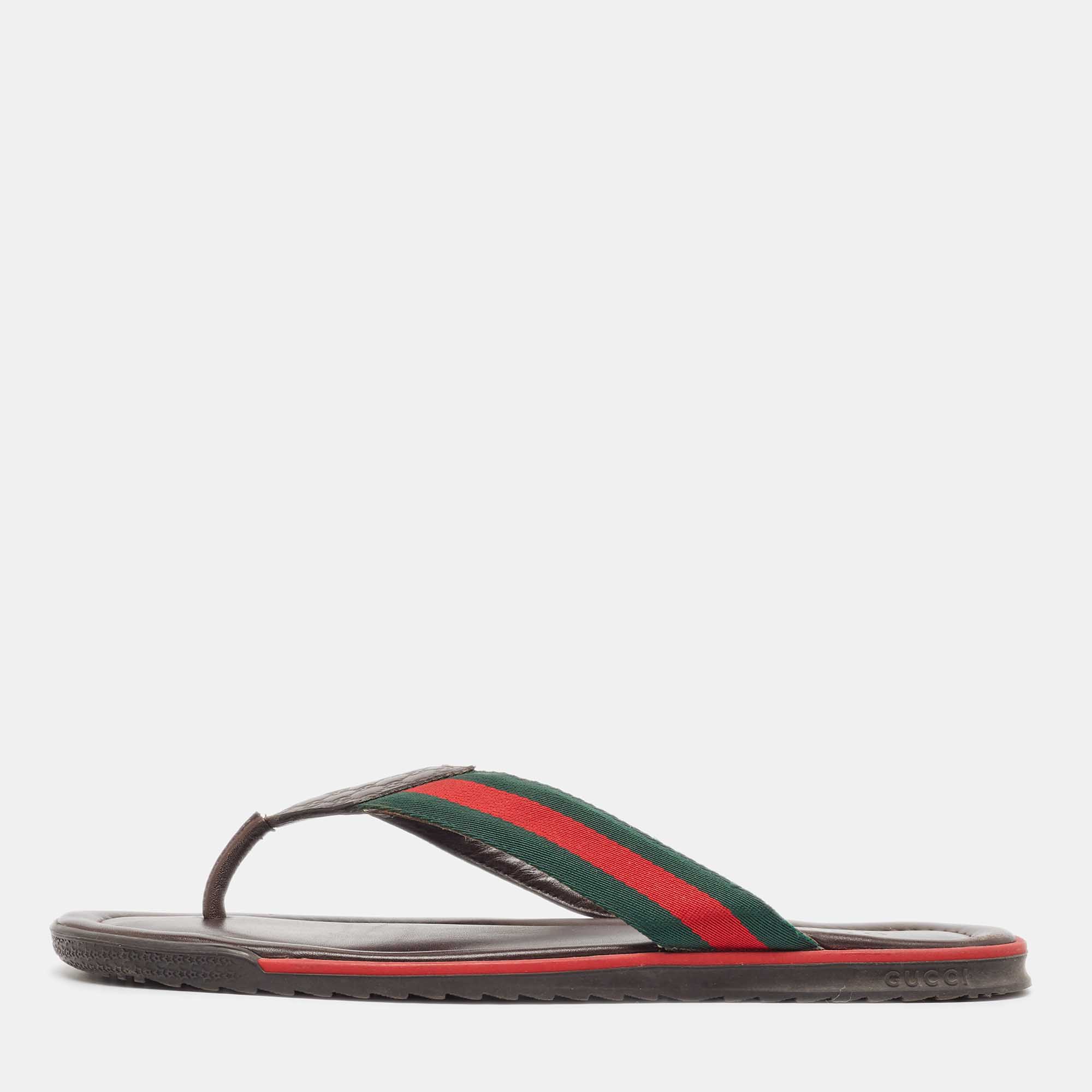 

Gucci Tricolor Guccissima Leather and Canvas Web Thong Slides Size 44, Brown