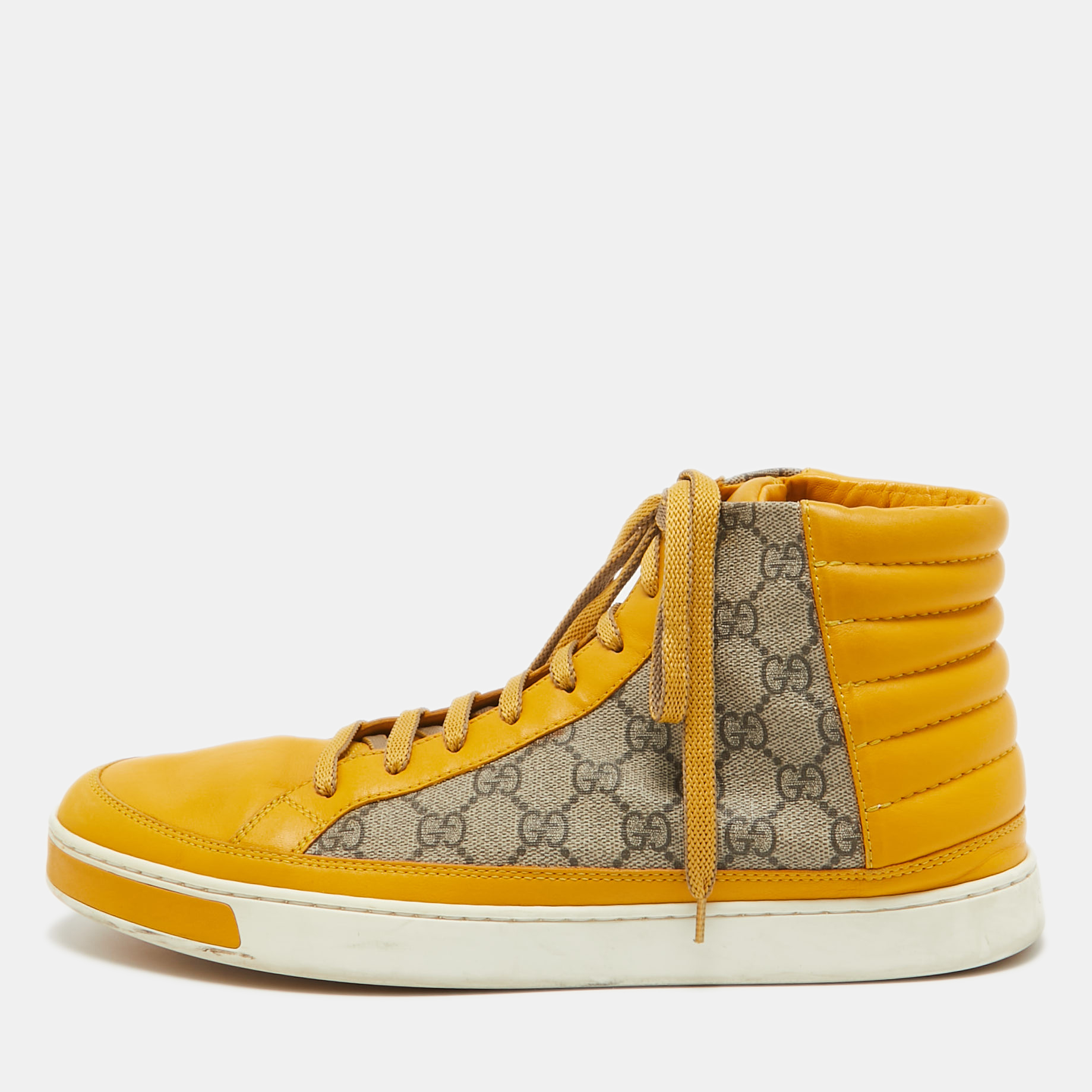 

Gucci Beige/Yellow GG Supreme Canvas and Leather High Top Sneakers Size 44