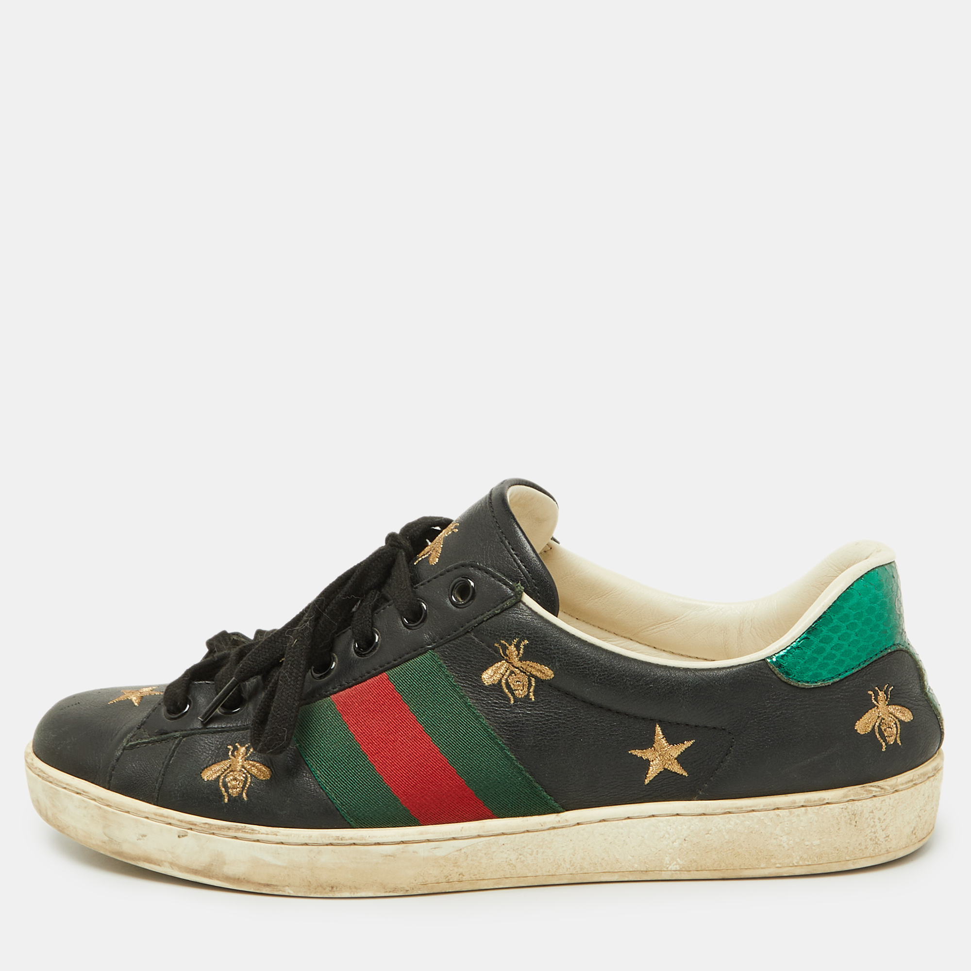 

Gucci Black Bee & Star Embroidered Leather Ace Low Top Sneakers Size