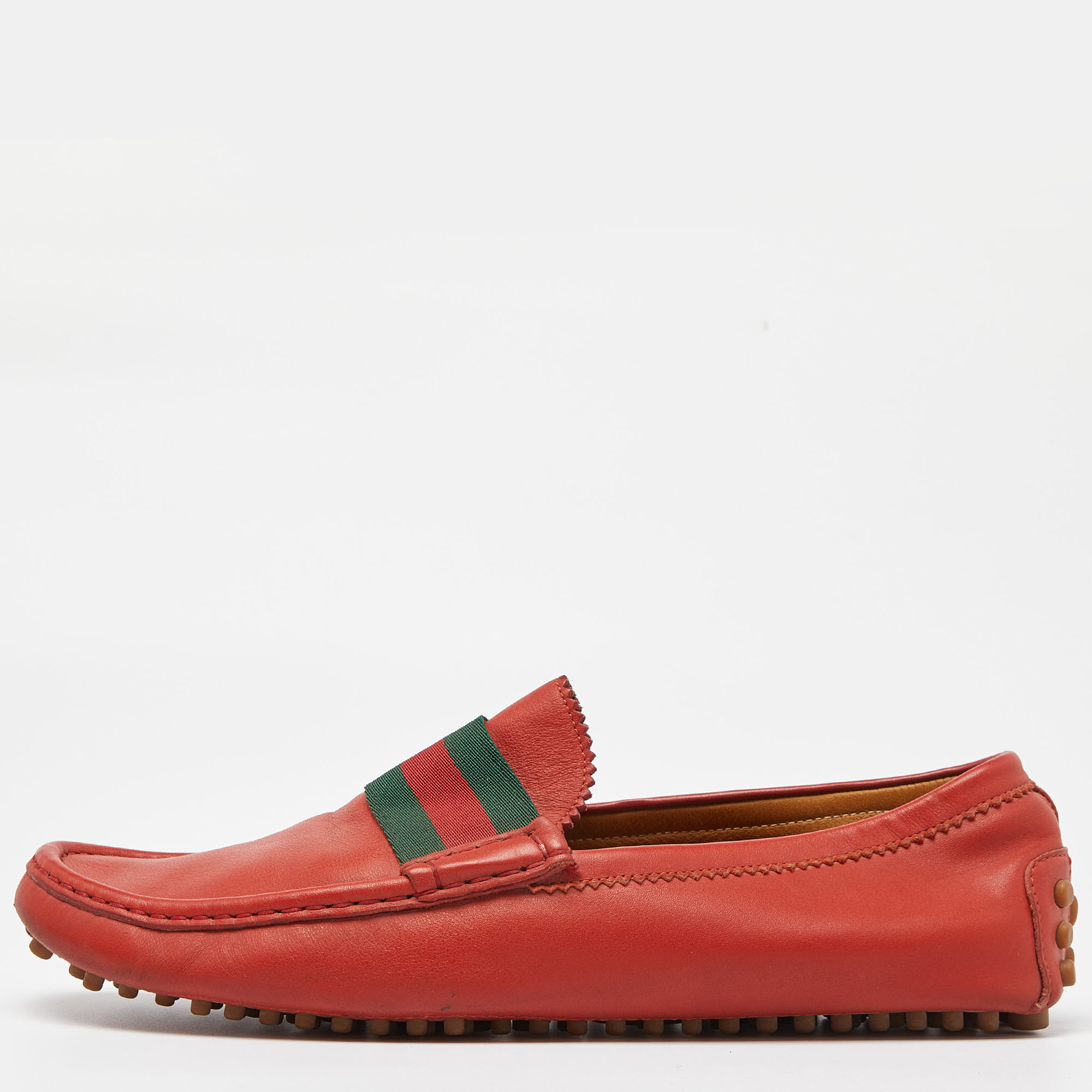 Pre-owned Gucci Red Leather Web Slip On Loafers Size 43