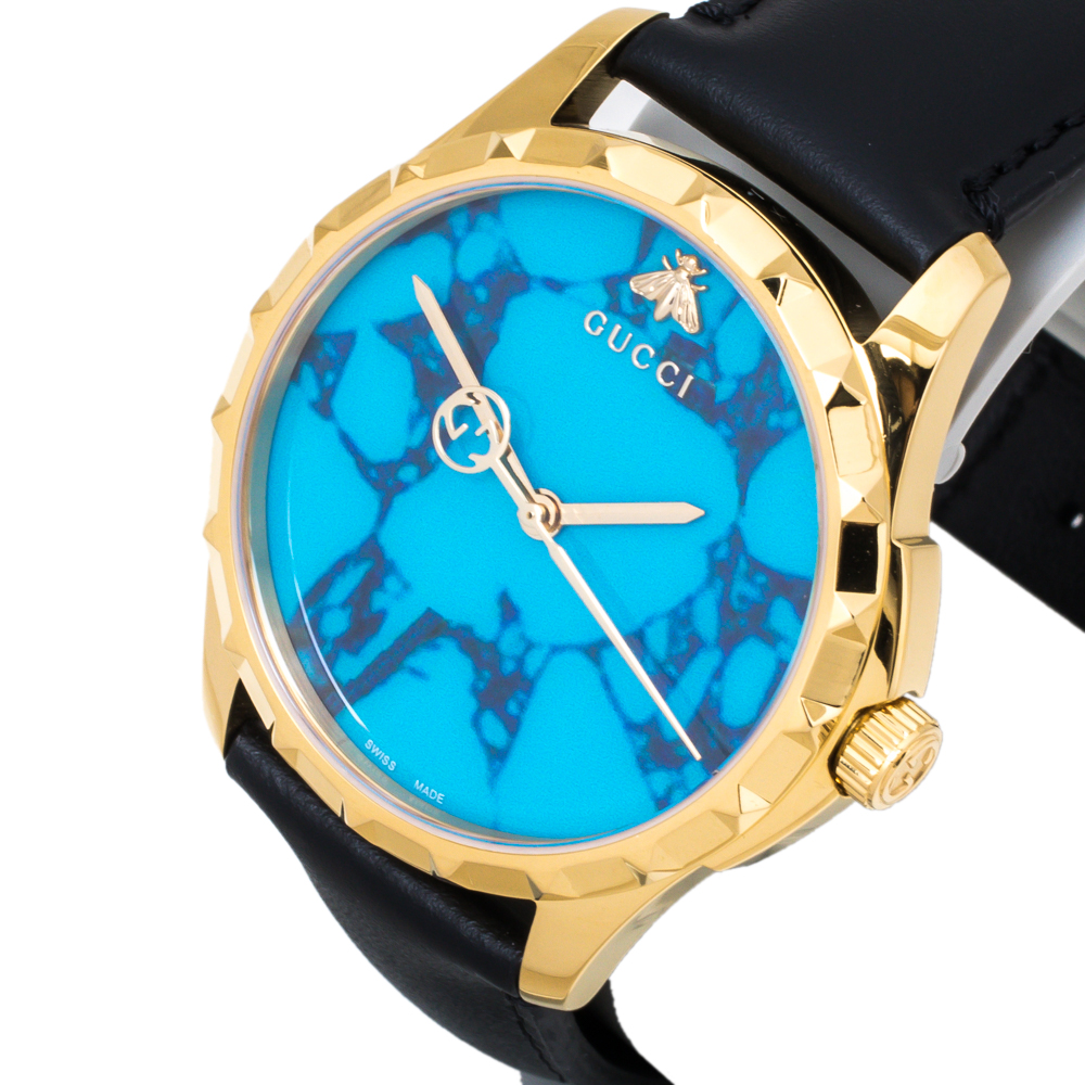 

Gucci Turquoise Blue Gold Tone Stainless Steel Leather G-Timeless, Black