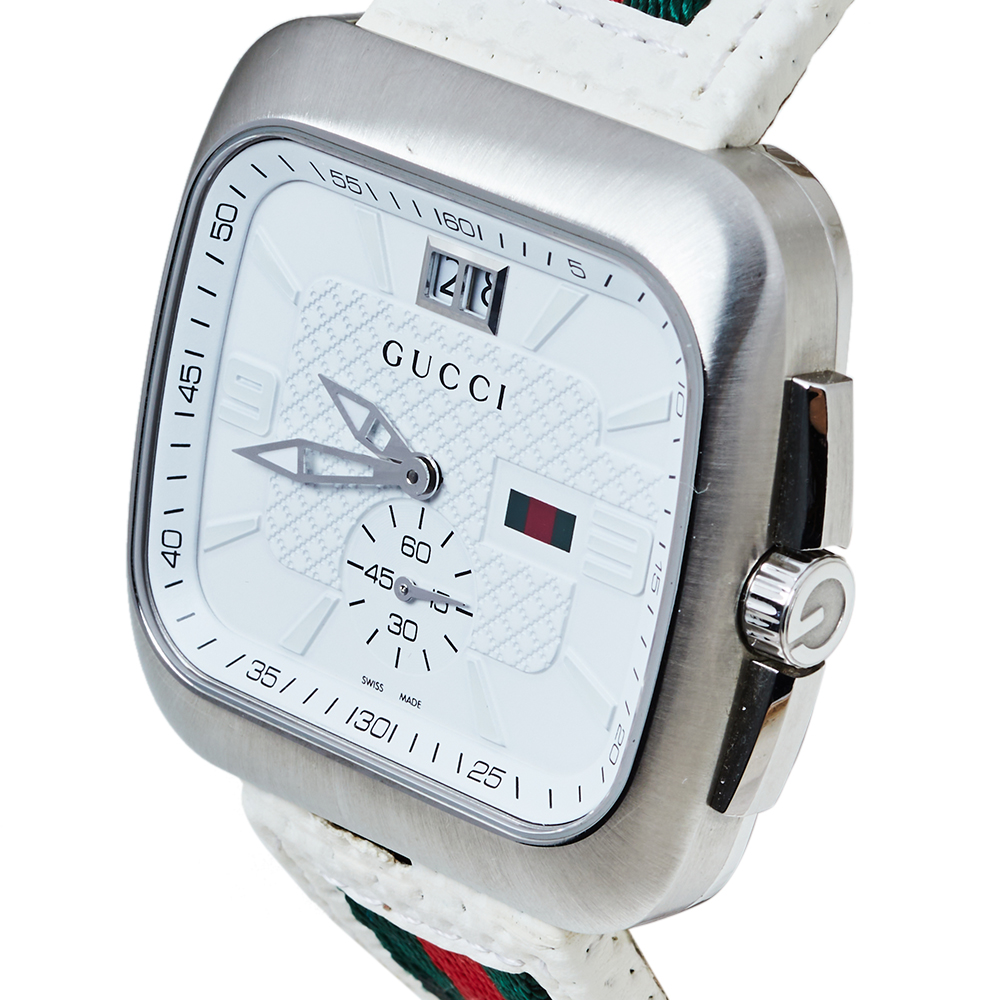 

Gucci White Stainless Steel Leather G Coupe Large YA131303 Men's Wristwatch