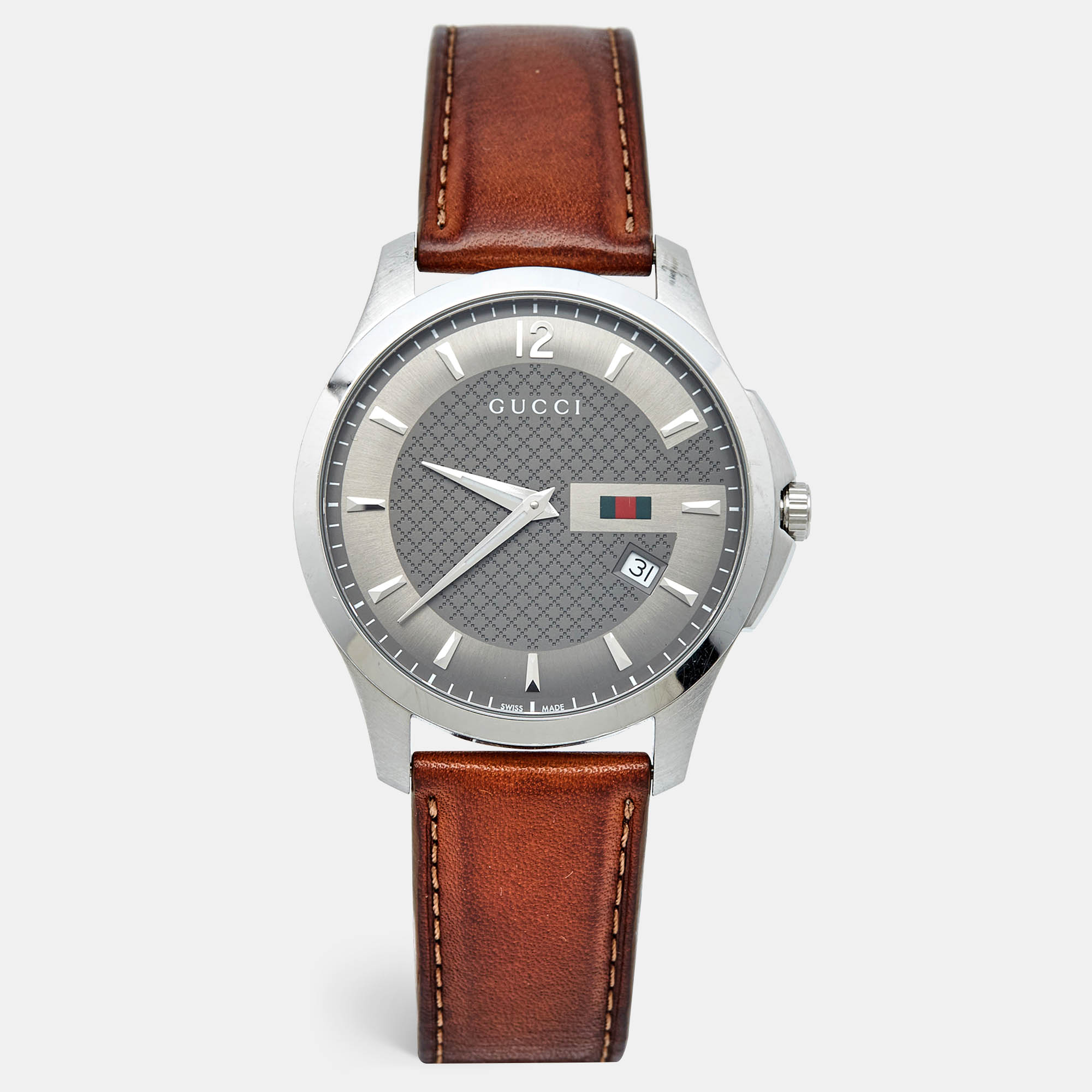 Pre-owned Gucci Grey Stainless Steel Leather G-timeless Ya126303 Men's Wristwatch 40 Mm In Brown