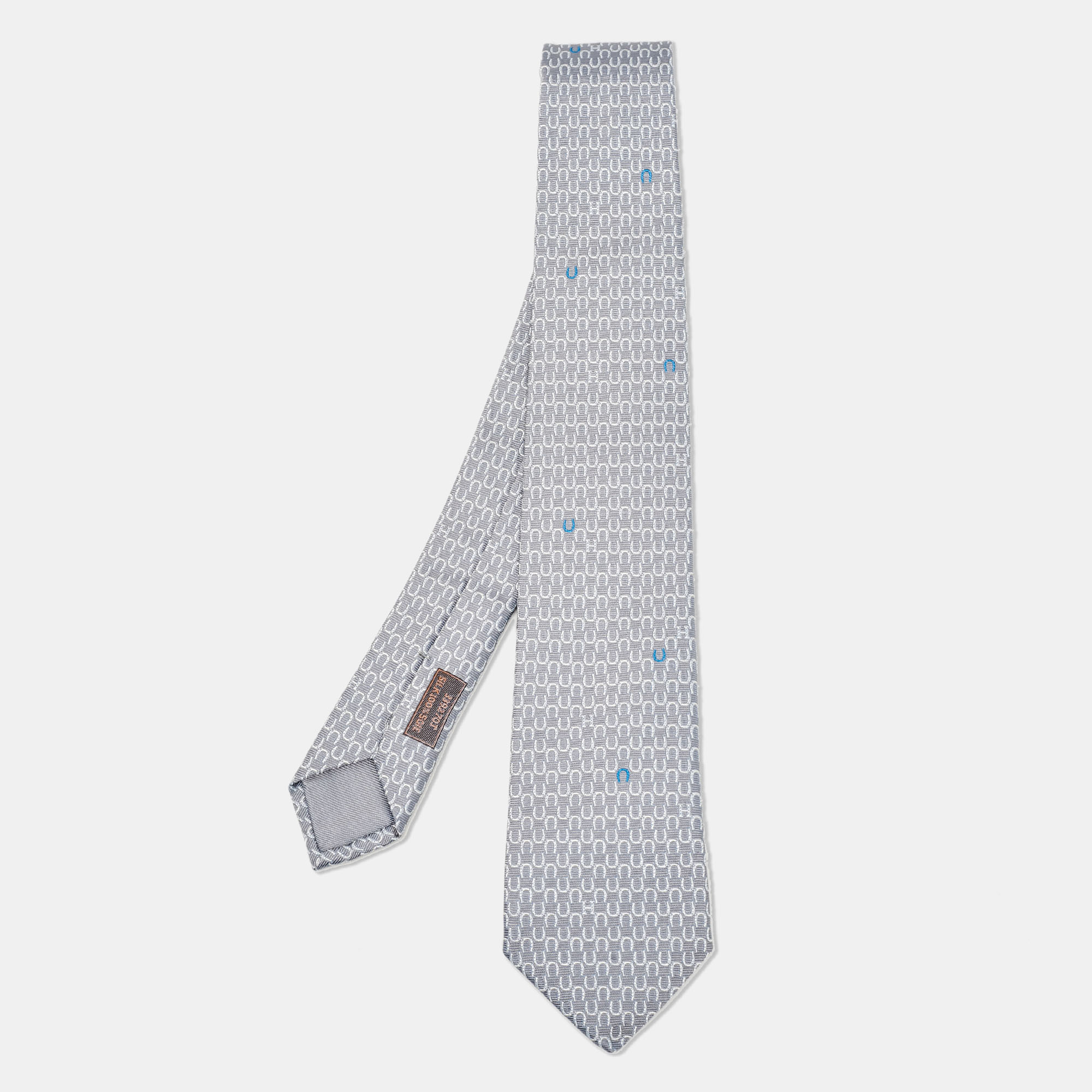 

Hermes Gris/Blanc Silk Lourde Horseshoe Tie, Blue