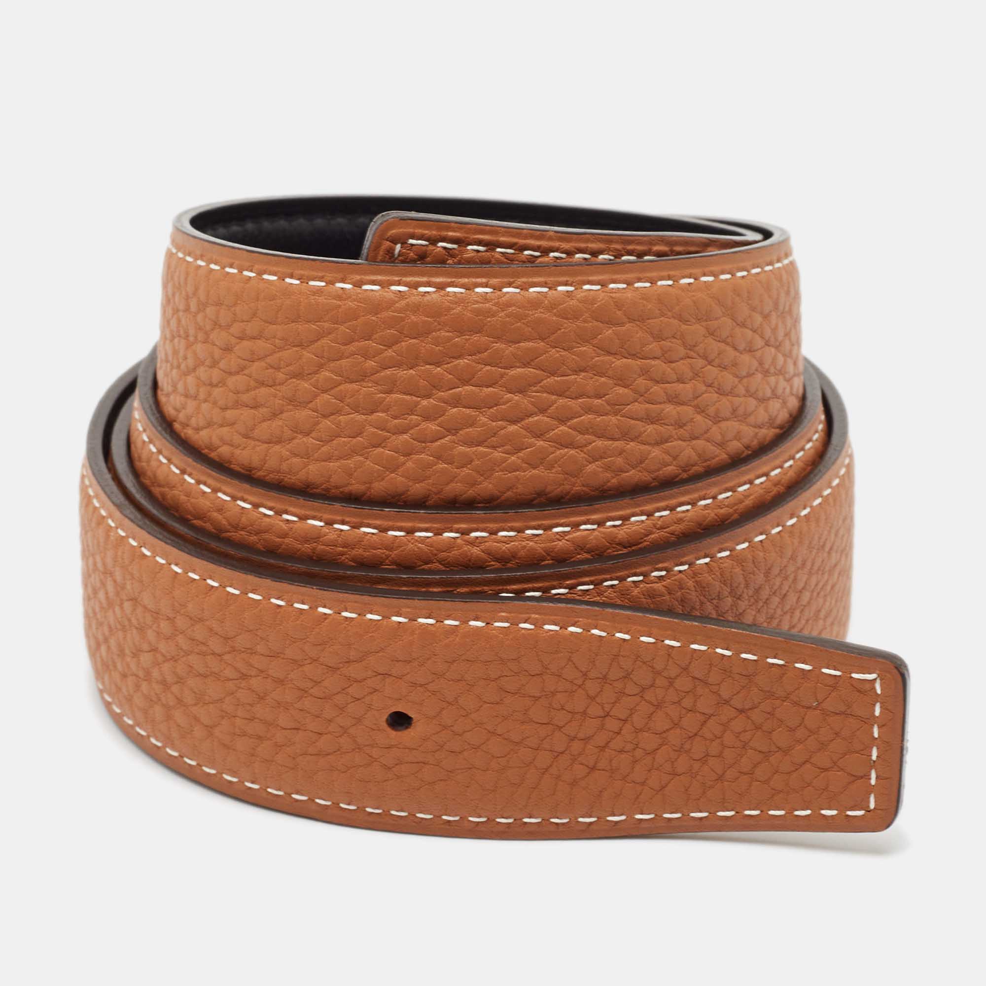 

Hermes Gold/Noir Togo and Box Leather Reversible Belt Strap, Brown