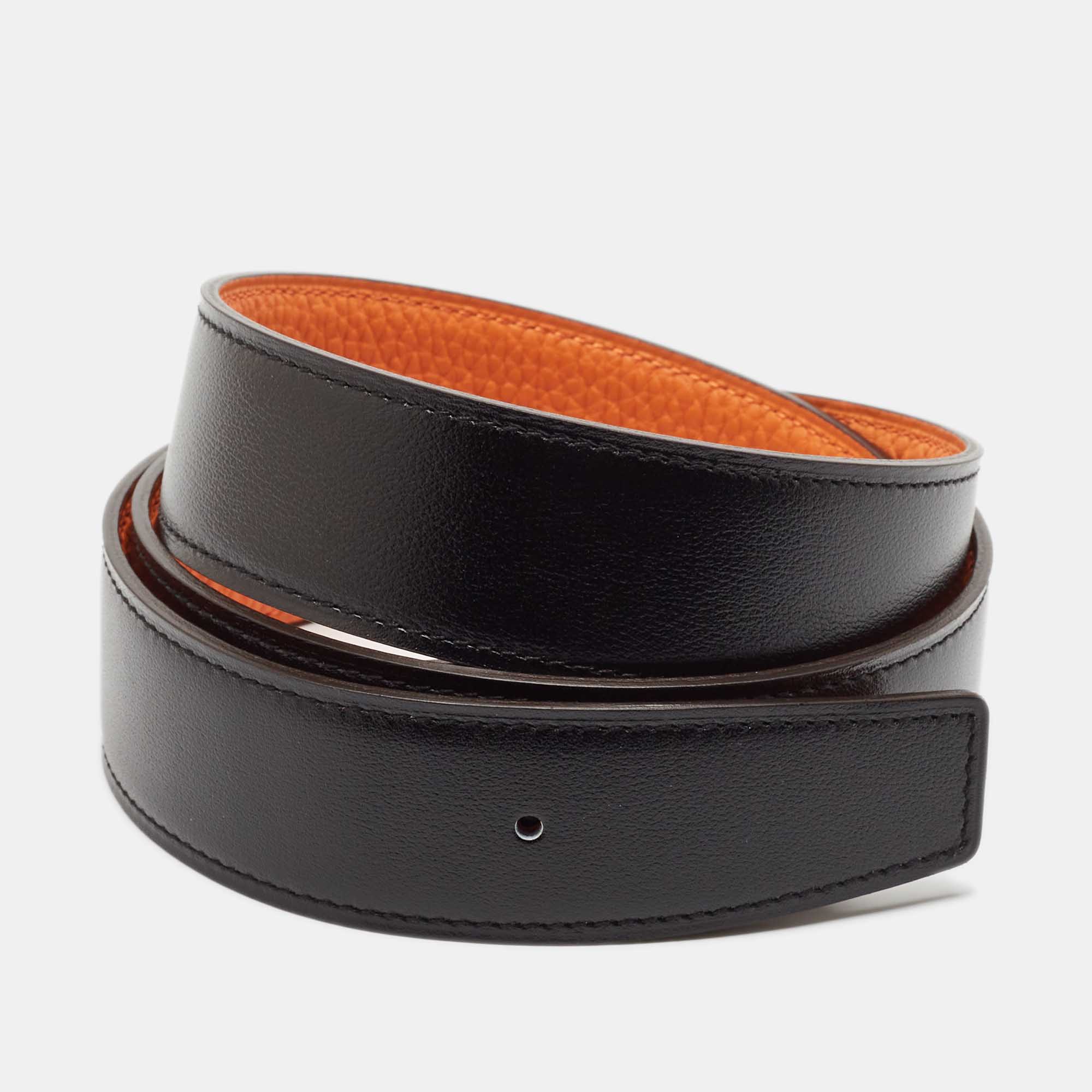 Hermès Orange/Noir Togo and Box Leather Belt Strap 90 CM 