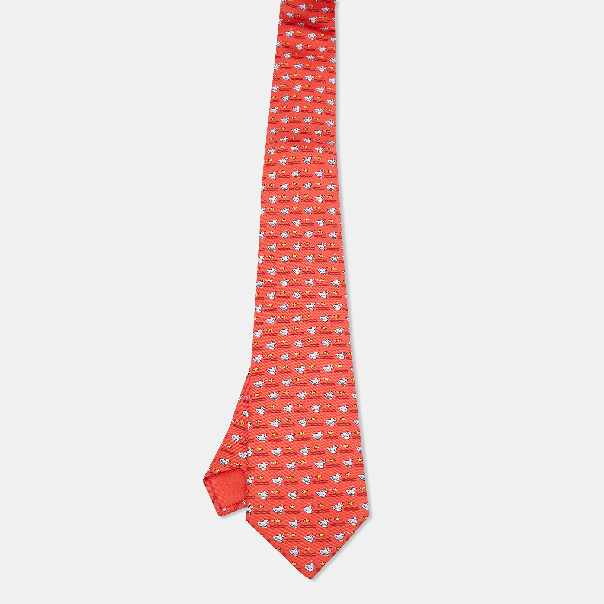 

Hermès Red Duck and Fish Print Silk Tie